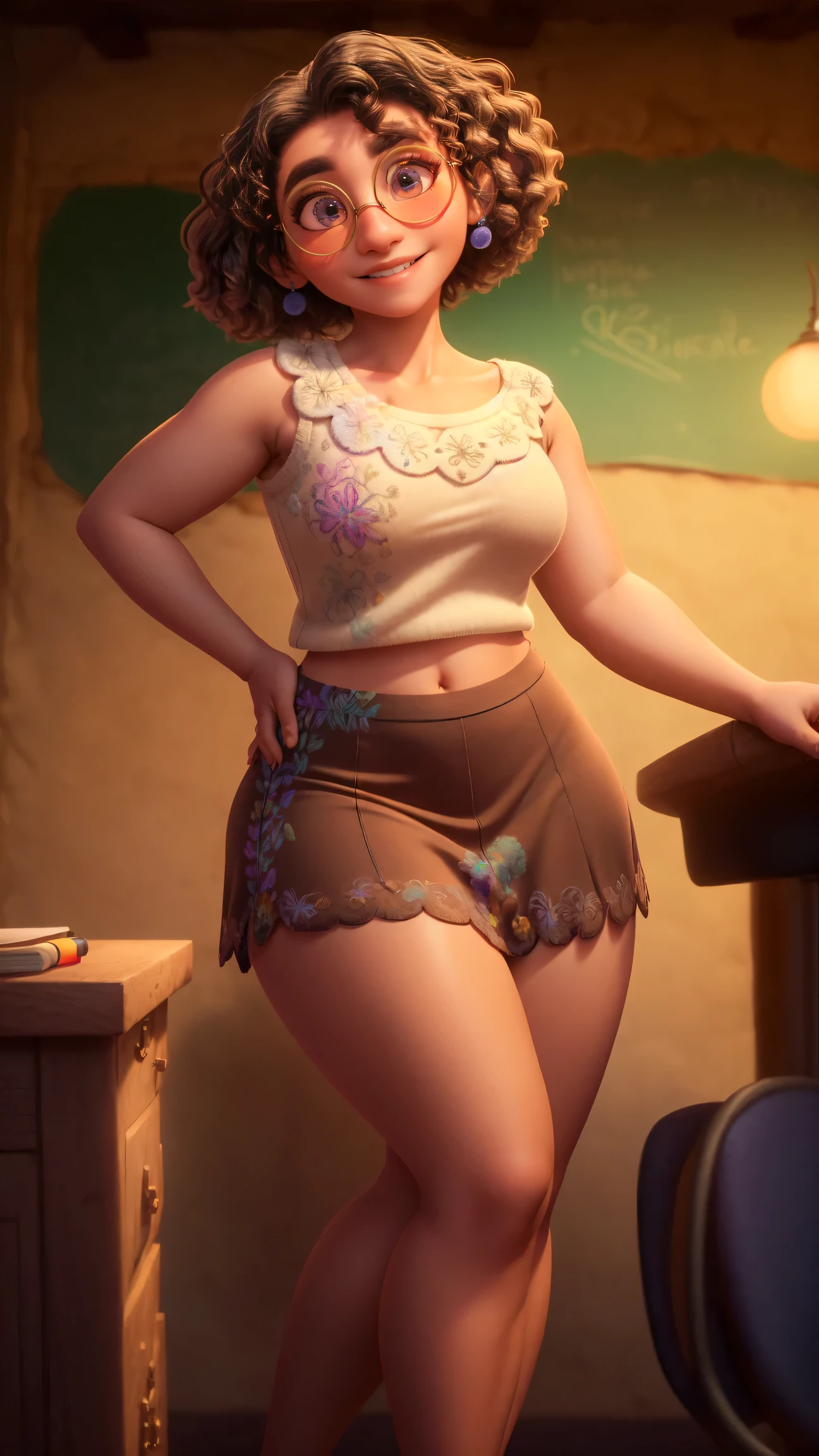 mirabel madrigal,  glasses, smile, ((sleeveless sweater)), market background, (((pencil skirt))), (((brown skin))), detailed skin, perfect legs, perfect thighs, (((curvy body))), BIG BREASTS, INVITING TO SEX