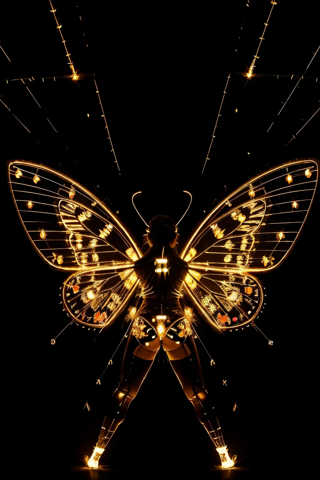 a close up of a butterfly with lights on its wings, digital art by Bruce Munro, tumblr, kinetic art, wings made of light, butterfly lighting, soft butterfly lighting, amazing, amazing fire art, chinese artist cai guo qiang, light art, cai guo-qiang, with fiery golden wings, infinite angelic wings, the butterfly goddess of fire