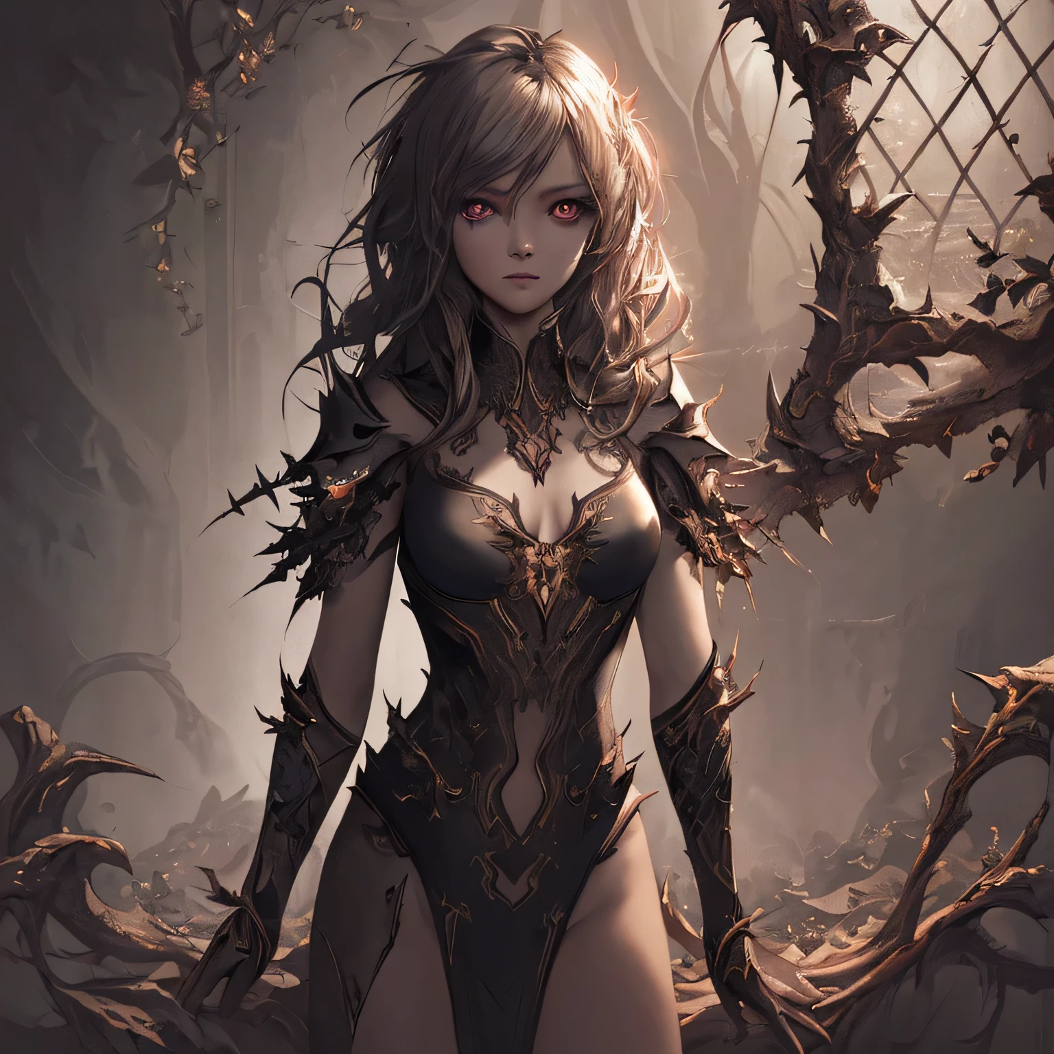 (Looking at the viewer) (1girl) An orange long hair sexy lady of butterflies wearing a black mini armor butterfly accents, wearing a butterflies crown, lots of butterflies flying around, butterfly, butterflies, in the dark