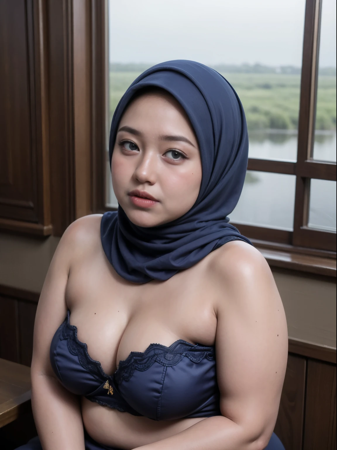 ((Chubby:1.4)), ((HIJAB)), WEARING STRAPLESS PATTERN FLORAL BRA, (Best Quality, hight resolution, Realistic:1.37), Detailed face and expression, The Frightened Woman, pixie cut, sickly, Worn-out appearance, Swamp environment, standingn, Seductively drowning in a swamp, Distressed flared satin, cloudy water, Sinking Feeling, gloomy atmosphere, Foggy surroundings, dark shadows, A Surreal Touch, soft-lighting, creepy ambiance, can't cope with shame