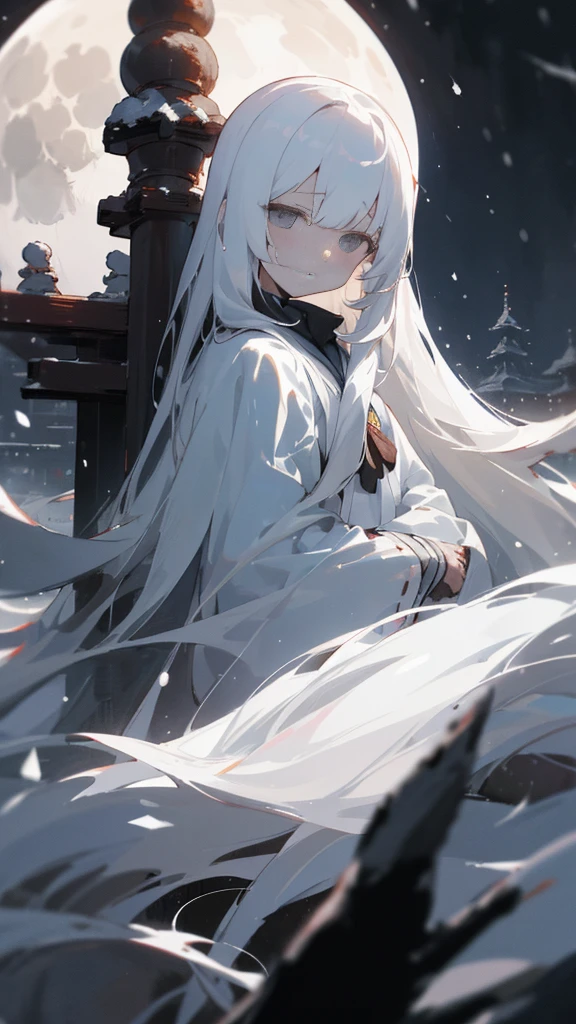 (masterpiece、highest quality)、Very long white hair、Very long white hairの女の1人、Black cardigan、Grim expression、Grey Eyes、Warm lighting、 Blurred foreground、night深く、High Contrast、night、In the city,it&#39;s snowing,Heavy snowfall,winter,Alone in the vast snowy field,whole body,curse,Facing forward,Huge construction,Flying with robot wings,Long Hair,真っ黒なnight,full moon,universe,Princess Kaguya,planet