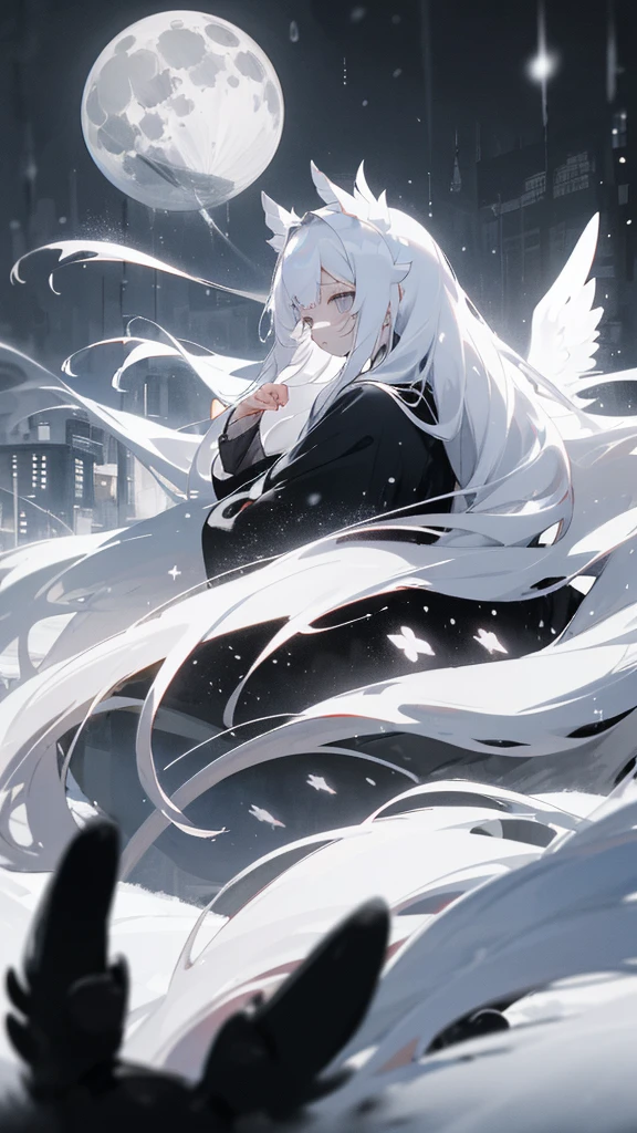 (masterpiece、highest quality)、Very long white hair、Very long white hairの女の1人、Black cardigan、Grim expression、Grey Eyes、Warm lighting、 Blurred foreground、night深く、High Contrast、night、In the city,it's snowing,Heavy snowfall,winter,Alone in the vast snowy field,whole body,curse,Facing forward,Huge construction,Flying with robot wings,Long Hair,真っ黒なnight,full moon,universe,Princess Kaguya,planet