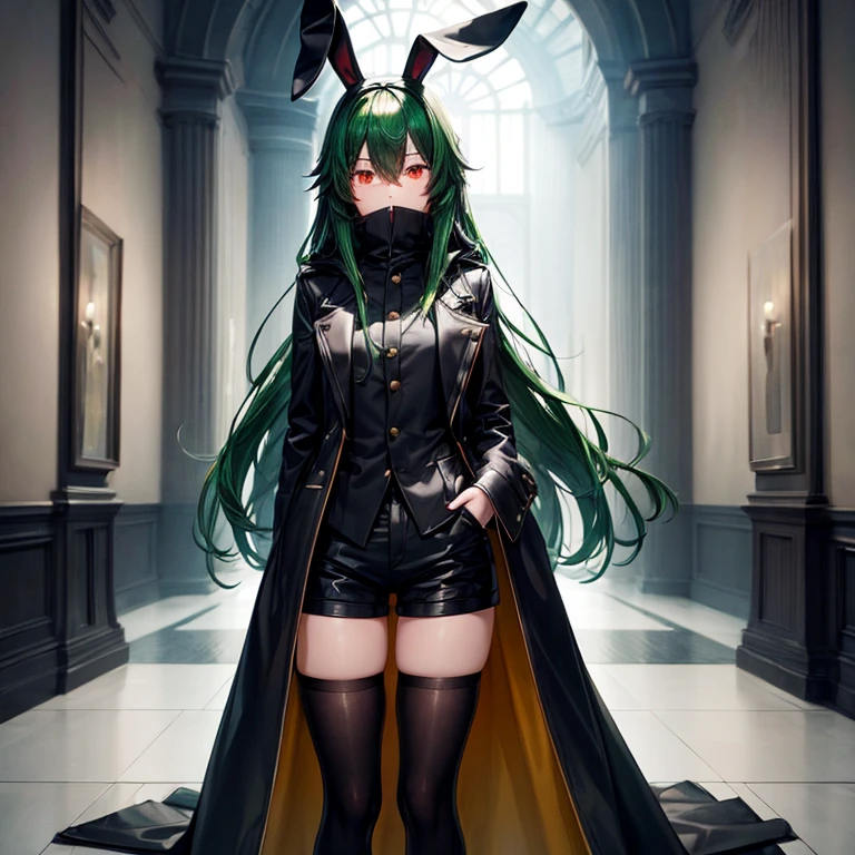 (((mystery))). , long hair past the knees, wearing a long black coat that covers the mouth, black shorts, red eyes, cold, bunny ears, green hair, femboy