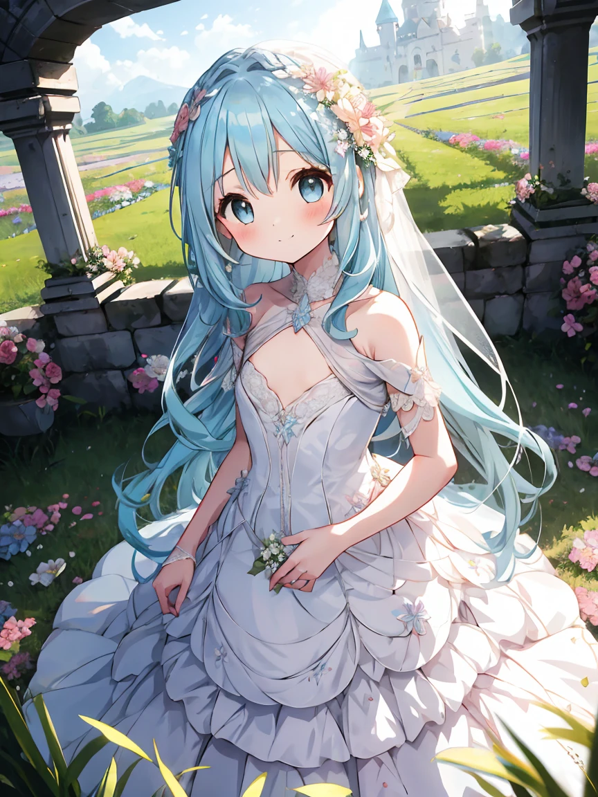 masterpiece, best quality, extremely detailed, (illustration, official art:1.1), 1 girl ,(((( light blue long hair)))), light blue hair, ,, long hair ((blush)) , cute face, big eyes, masterpiece, best quality,(((((a very delicate and beautiful girl))))),Amazing,beautiful detailed eyes,blunt bangs((((little delicate girl)))),tareme(true beautiful:1.2), sense of depth,dynamic angle,,,, affectionate smile, (true beautiful:1.2),,(tiny 1girl model:1.2),)(flat chest)),
Landscape, Masterpiece, Best Quality, 8K, Beautiful, Ruined Castle, Throne Room, ((with a battered throne in the center)), crumbling walls, (dimly lit) (sunlight streaming through the crumbling ceiling), ((covered in grass and flowers)), ((luminous grass and flowers)), ((a girl standing in the center)), ((a girl wearing wedding dress)), back turned, a girl is lightly luminous, cinematic angle.
