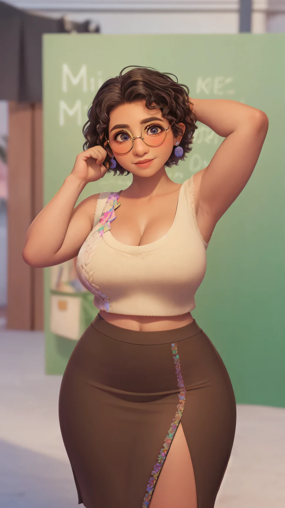 mirabel madrigal,  glasses, smile, ((sleeveless sweater)), market background, (((pencil skirt))), (((brown skin))), detailed skin, perfect legs, perfect thighs, (((curvy body))), BIG BREASTS, INVITING TO SEX