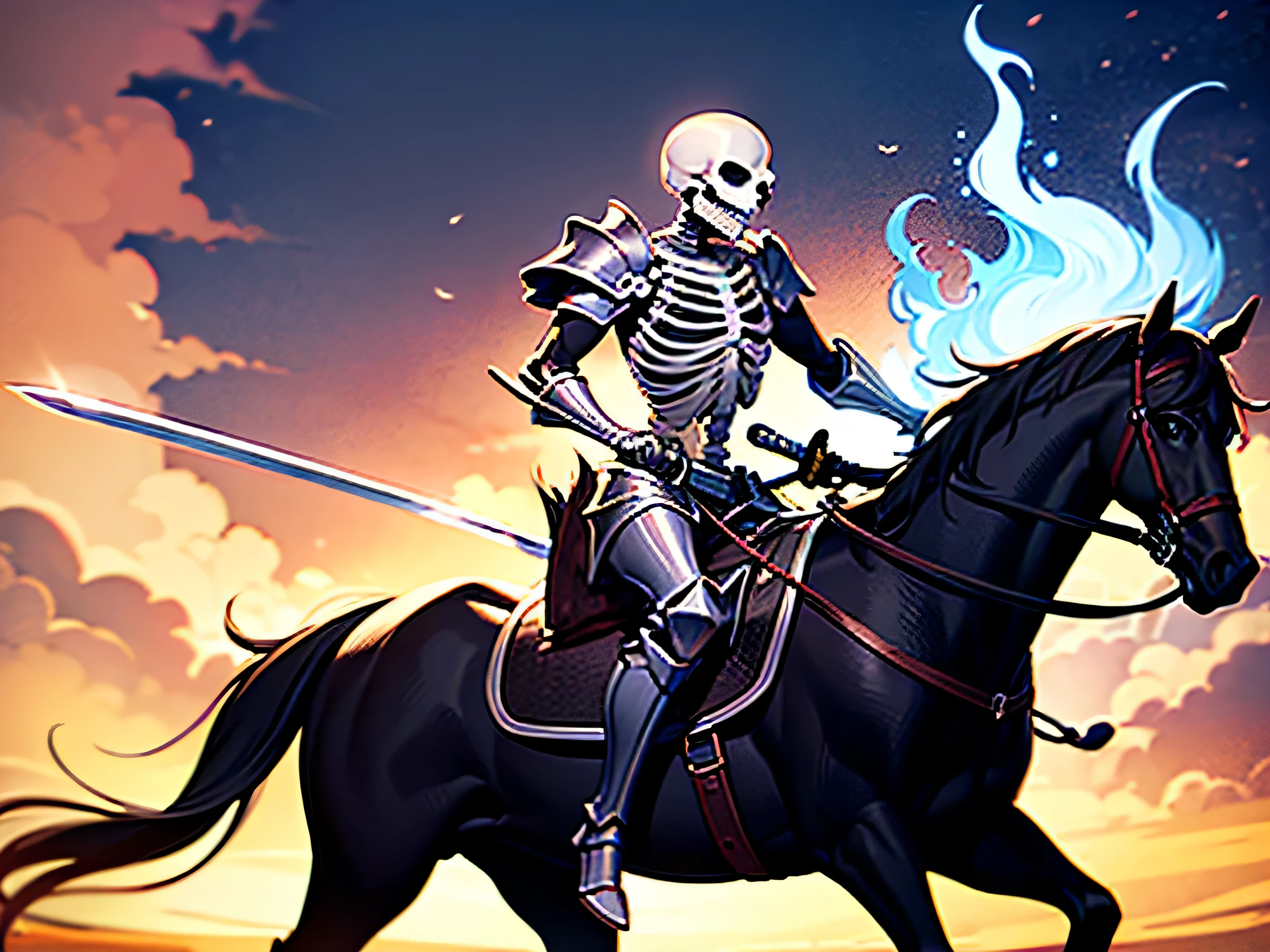 a head less skeleton riding a horse with a sword, popular isekai anime, armor, black horse, blue flame
