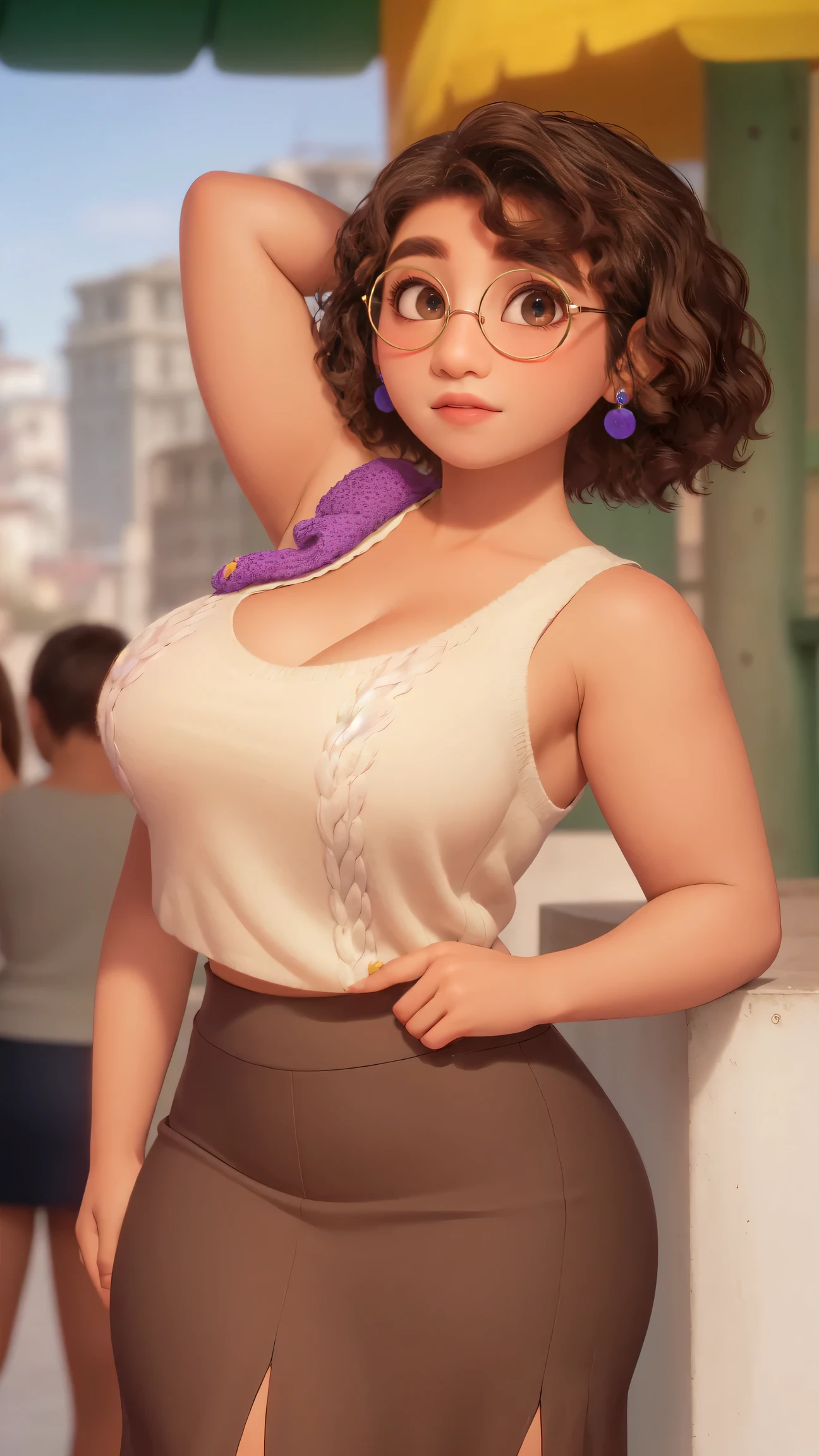 mirabel madrigal,  glasses, smile, ((sleeveless sweater)), market background, (((pencil skirt))), (((brown skin))), detailed skin, perfect legs, perfect thighs, (((curvy body))), BIG BREASTS, INVITING TO SEX