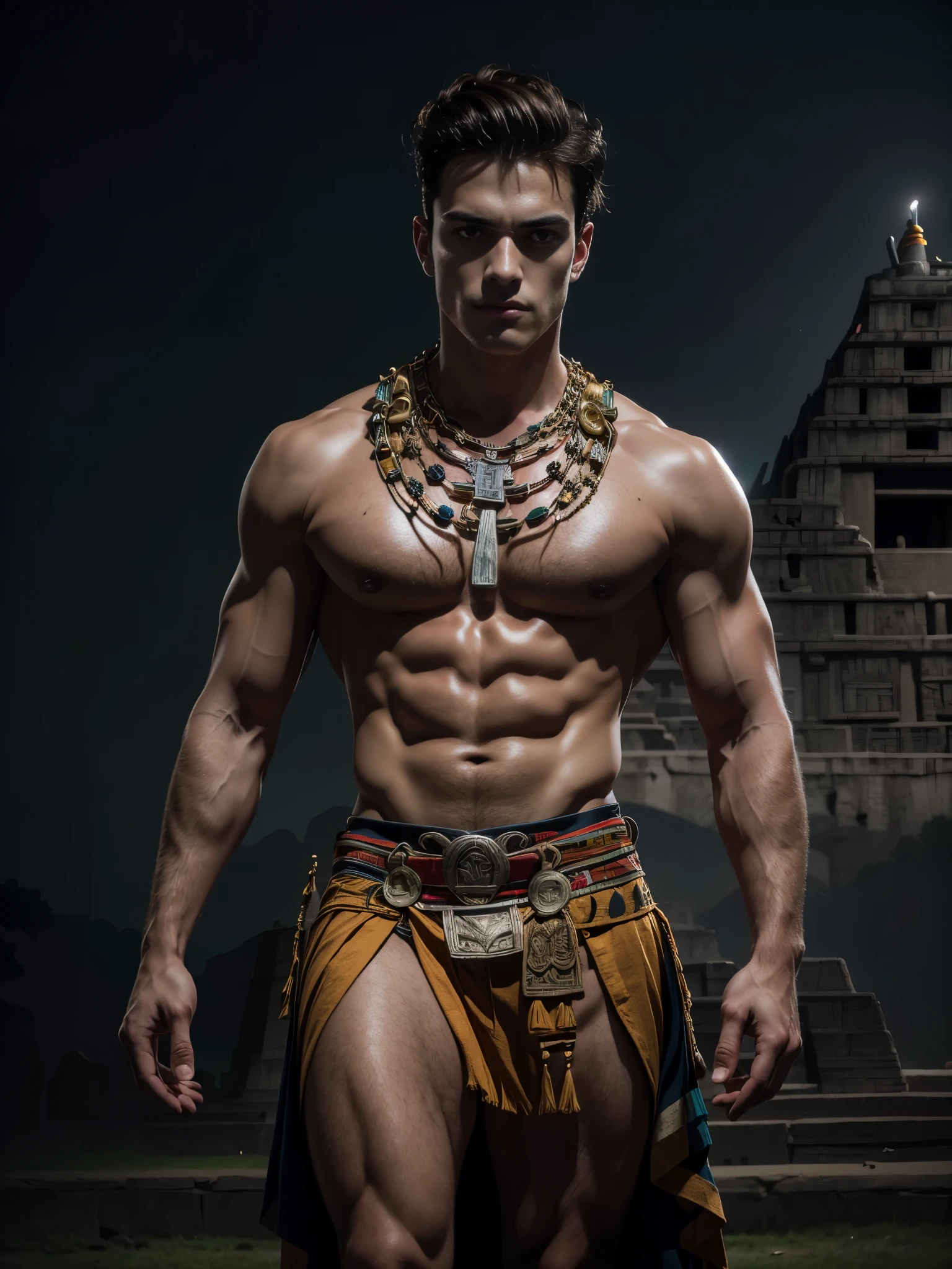 Photorealistic, mexican male model , ((best quality)), ((masterpiece)), (detailed),masculine portrait of young aztec god prince, 18-year-old male models, handsome, tall, cute looking, evil look, dark look, powerful, young male, handsome model, clean shave, green eyes. (short curly messy brown hair), messy curly hair, (short hair:1.4) strong, muscular, fit, massive muscles, six pack, shirtless, barechested, muscle, ripped, strong body, fit body, aztec neckless, aztec loincloth, (aztec draped cloth skirt), aztec garment, aztec pyramid in the background, (dark night background:1.2) (aztec temple:1.4), 8k, high detailed, ultra-detailed, Stylish Pose, real skin texture, dark cinematic lighting,
