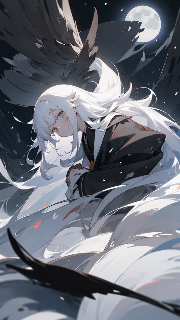 (masterpiece、highest quality)、Very long white hair、Very long white hairの女の1人、Black cardigan、Grim expression、Grey Eyes、Warm lighting、 Blurred foreground、night深く、High Contrast、night、In the city,it&#39;s snowing,Heavy snowfall,winter,Alone in the vast snowy field,whole body,curse,Facing forward,Huge construction,Flying with robot wings,Long Hair,真っ黒なnight,full moon,universe,Princess Kaguya,planet,Falling from the sky