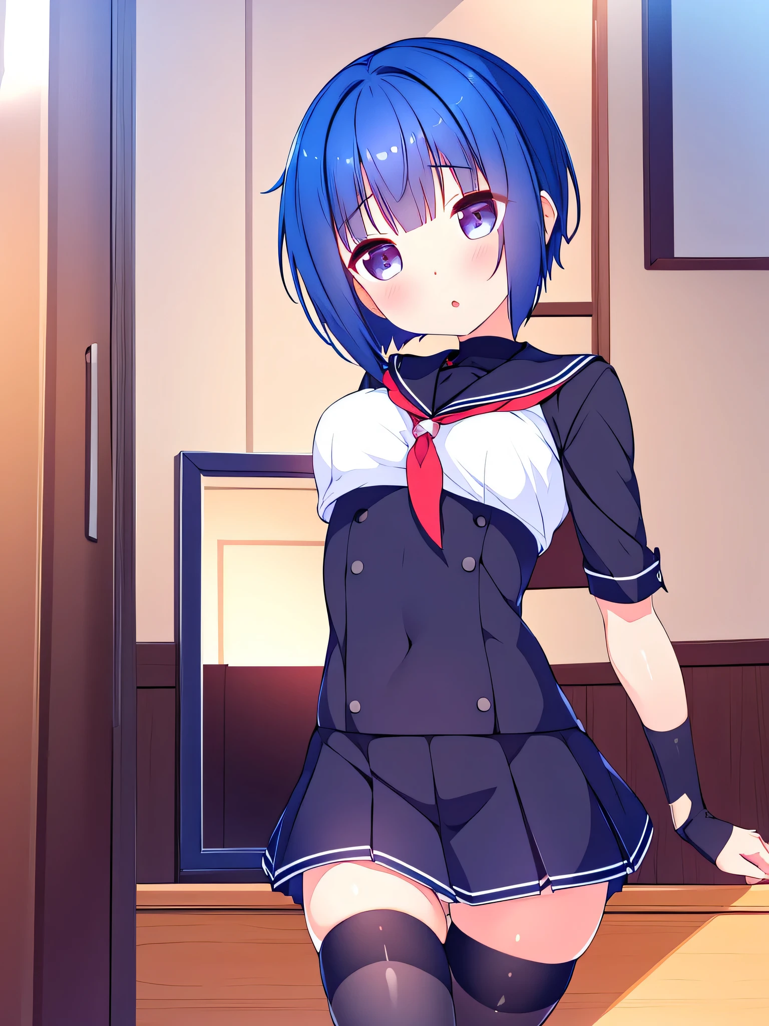 score_9, score_8_up, score_7_up, score_6_up, uncensored, kirishima touka, blue hair, hair over one eye, short hair, black sclera, red eyes, BREAK (masterpiece:1.2), best quality, high resolution, (detailed eyes:1.3), perfect lighting, (perfect hands, perfect anatomy), 1girl, breasts, black_gloves, gloves, navel, rating:questionable, looking_at_viewer, solo, skirt, pasties, standing, school_uniform, serafuku, thighhighs, shirt, revealing_clothes, short_sleeves, pleated_skirt, skirt lift, fundoshi, excessive pubic hair
