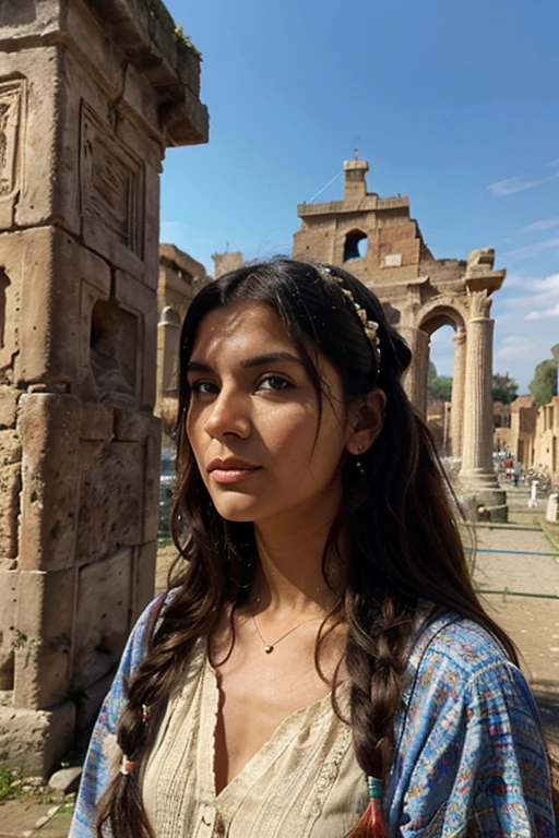 Gypsies camped in the Roman imperial forums, background Rome, perfect face,