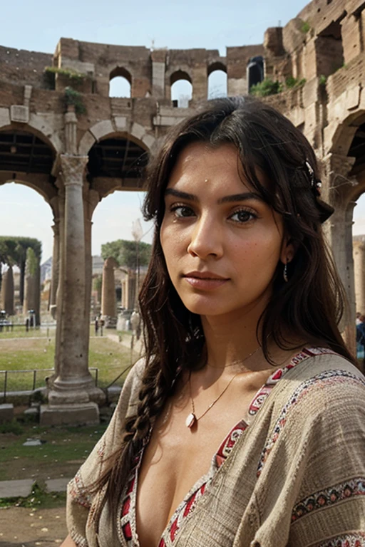 Gypsies camped in the Roman imperial forums, background Rome, perfect face,