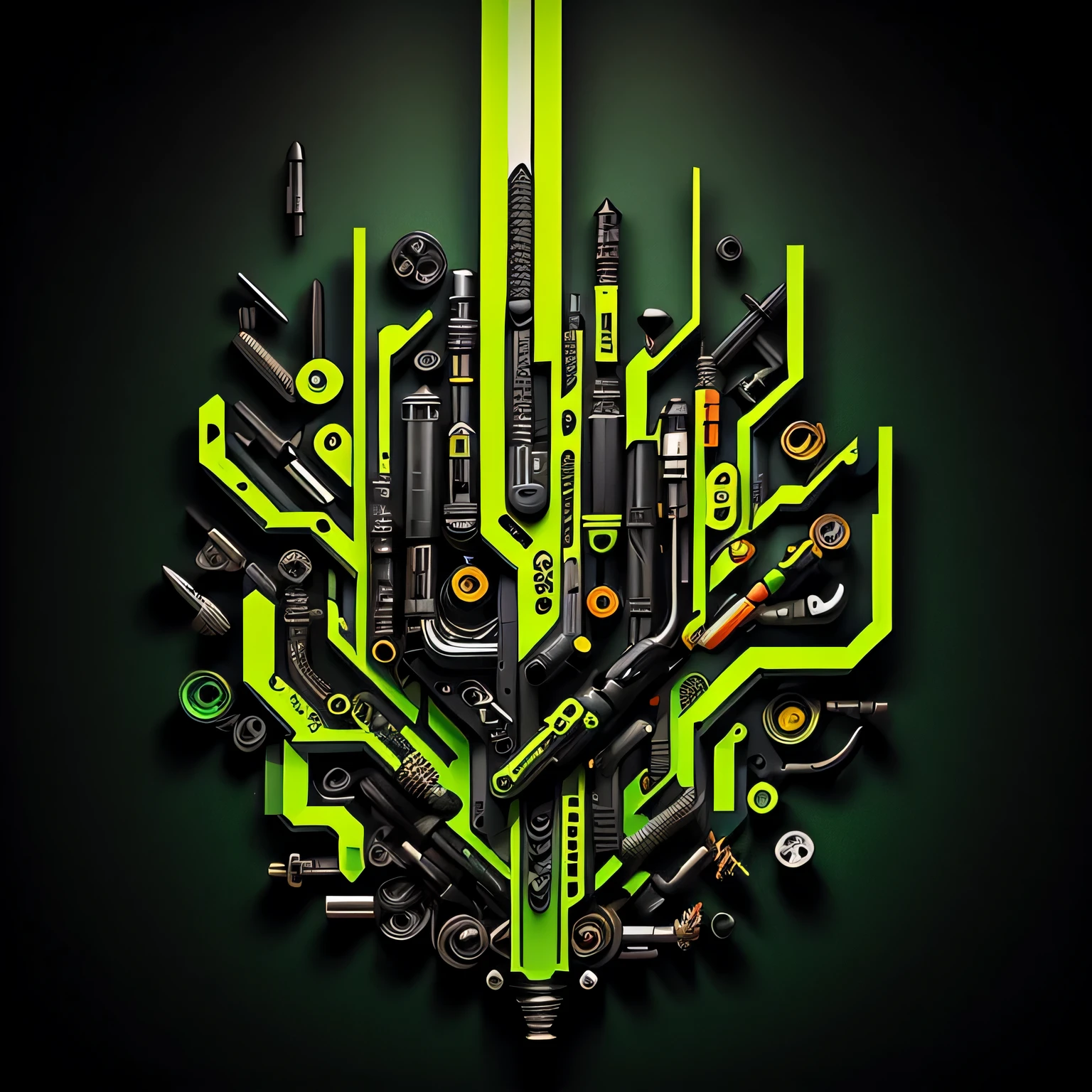 logo style, screws, black background, green smoke, 2d cartoon, high resolution, valorant art