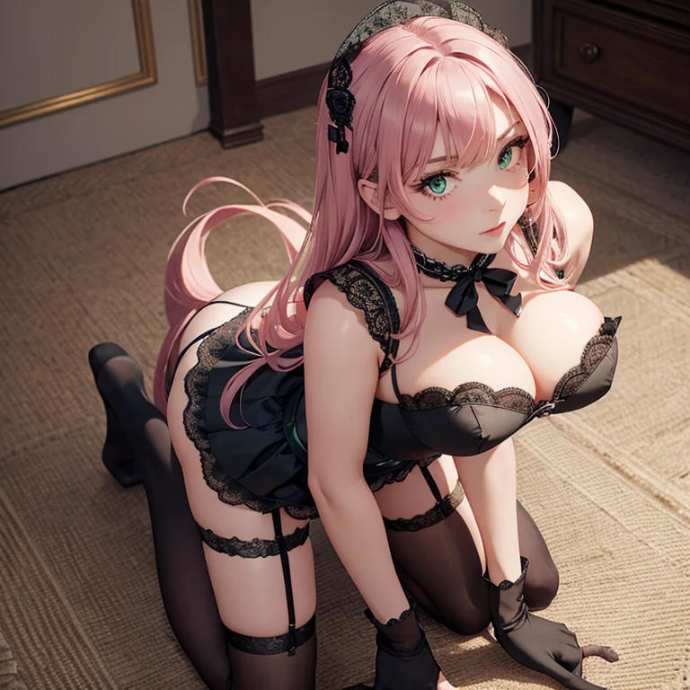 detailing, incredible detail, Detailing clothes, Lip detailing, detailing of panties, 1 girl, beauty, pink flowing hair, Beautiful green eyes, black dress, stockings with garters, stands on all fours, legs apart, looks at the camera, seductive look, view from above