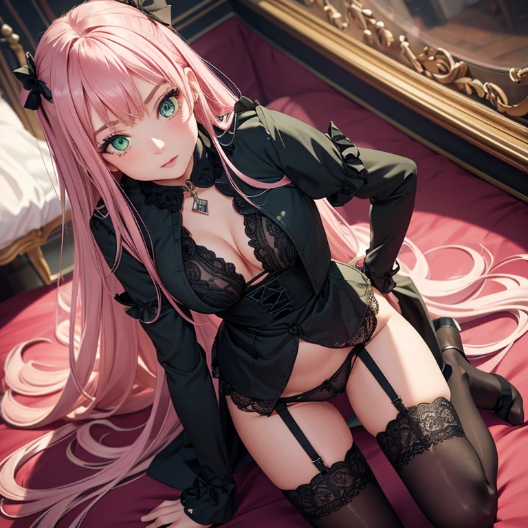 detailing, incredible detail, Detailing clothes, Lip detailing, detailing of panties, 1 girl, beauty, pink flowing hair, Beautiful green eyes, black dress, stockings with garters, stands on all fours, legs apart, looks at the camera, seductive look, view from above