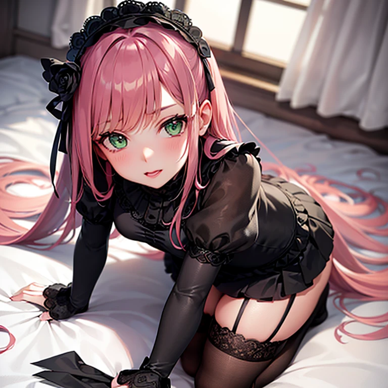 A girl with pink hair, dark skin, green eyes, Lying in her bed, a little upset, with her cell phone turned off, Gothic clothing