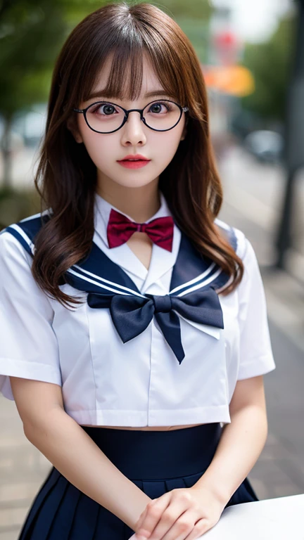 (Tabletop, highest quality:1.2), 8k, Official Art, RAW Photos, Incredibly ridiculous, (Upper Body, Sailor suit, serafuku:1.4), beautiful girl, Pretty face, Lean back, (Navy Pleated Skirt:1.1), close, , Short sleeve, Gardenia, violet, Teen, street, View audience, No makeup, Film Grain, chromatic aberration, Sharp focus, Face Light, Dynamic Lighting, Cinema Lighting, Eye and facial details, Background blur, (Dark red bow tie:1.3),(Glasses),Big Breasts,((Insert your into your:1.5))