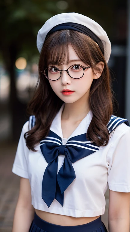 (Tabletop, highest quality:1.2), 8k, Official Art, RAW Photos, Incredibly ridiculous, (Upper Body, Sailor suit, serafuku:1.4), beautiful girl, Pretty face, Lean back, (Navy Pleated Skirt:1.1), close, , Short sleeve, Gardenia, violet, , street, View audience, No makeup, Film Grain, chromatic aberration, Sharp focus, Face Light, Dynamic Lighting, Cinema Lighting, Eye and facial details, Background blur, (Dark red bow tie:1.3),(Glasses),Big Breasts,((Insert your into your:1.5))