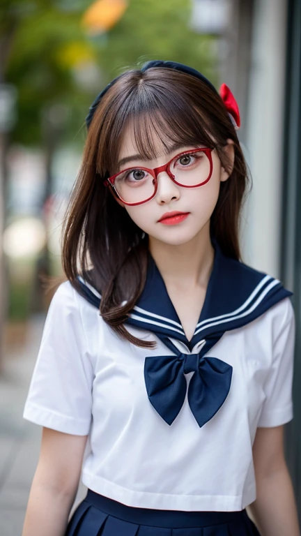 (Tabletop, highest quality:1.2), 8k, Official Art, RAW Photos, Incredibly ridiculous, (Upper Body, Sailor suit, serafuku:1.4), beautiful girl, Pretty face, Lean back, (Navy Pleated Skirt:1.1), close, , Short sleeve, Gardenia, violet, , street, View audience, No makeup, Film Grain, chromatic aberration, Sharp focus, Face Light, Dynamic Lighting, Cinema Lighting, Eye and facial details, Background blur, (Dark red bow tie:1.3),(Glasses),Big Breasts,((Insert your into your:1.5))