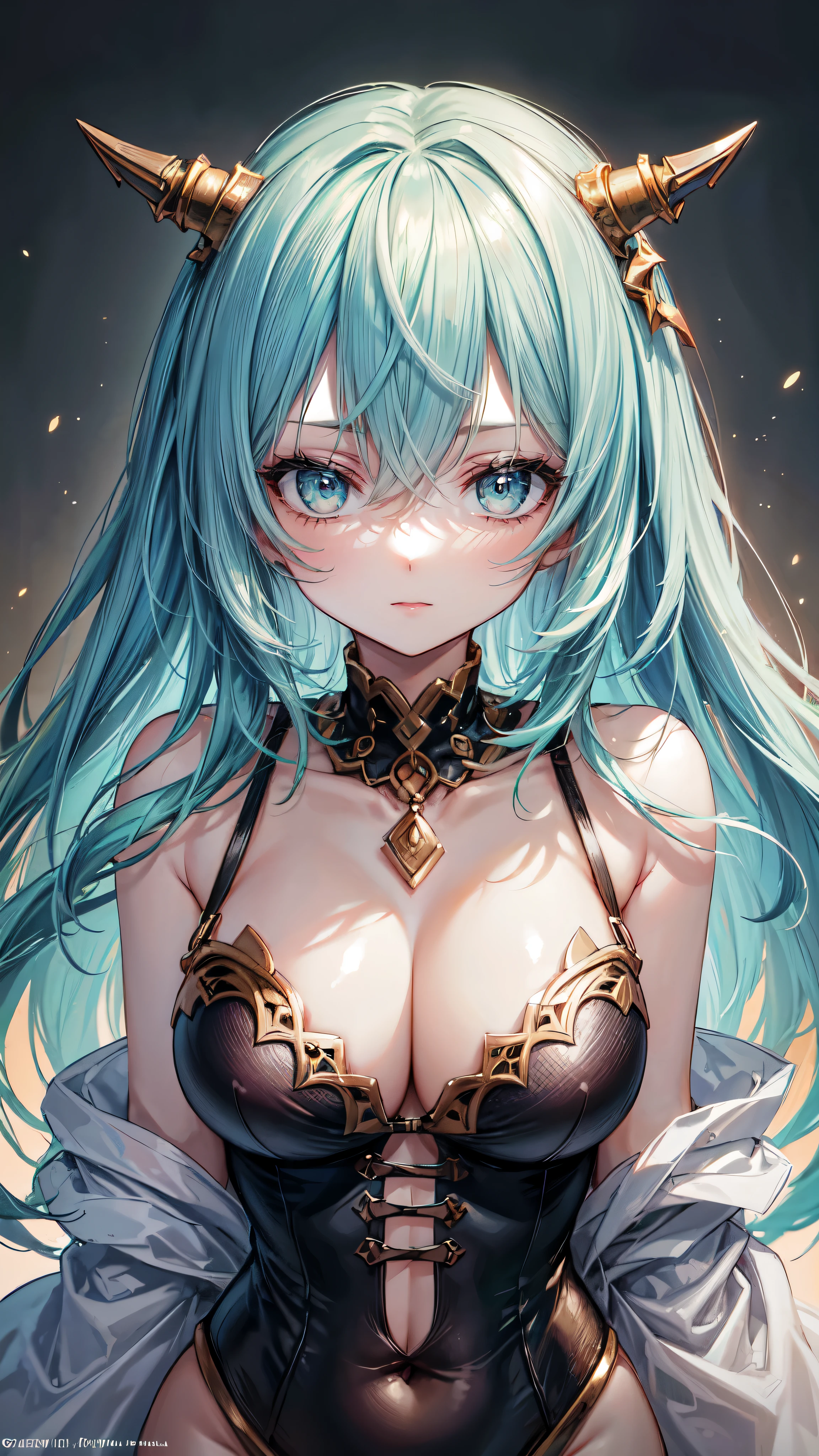 ((Tall girl reciting mantras)), peeking out from under his forehead, BREAK, (Fog in the background, Chaos, destruction, Gold Chains, Blood and sand), (Slim_thights:1.3), ((big breastes)), Slender_thights, aqua hair, 1girl, solo, (shapely body:1.4), generous cleavage, Skinny, detailed anatomy, the perfect body, Detailed body, detailized face, Beautiful anatomical eyes. BREAK Kaisa Dragon Lagoon, The BREAK is very detailed, Intricately detailed art, Artstation's Detailed Triadic Color Trend in Unreal Engine 5, 8K resolution, deviantart masterpiece. (extreme close up portrait)., detailed eyes, detailed eyes, detailed hands, big breasts