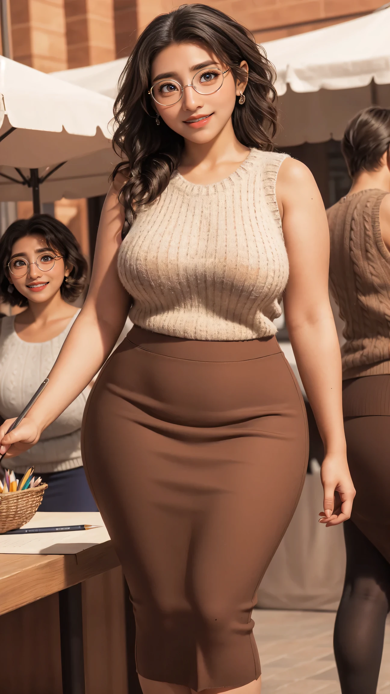 mirabel madrigal,  glasses, smile, ((sleeveless sweater)), market background, (((pencil skirt))), (((brown skin))), detailed skin, perfect legs, perfect thighs, (((curvy body)))