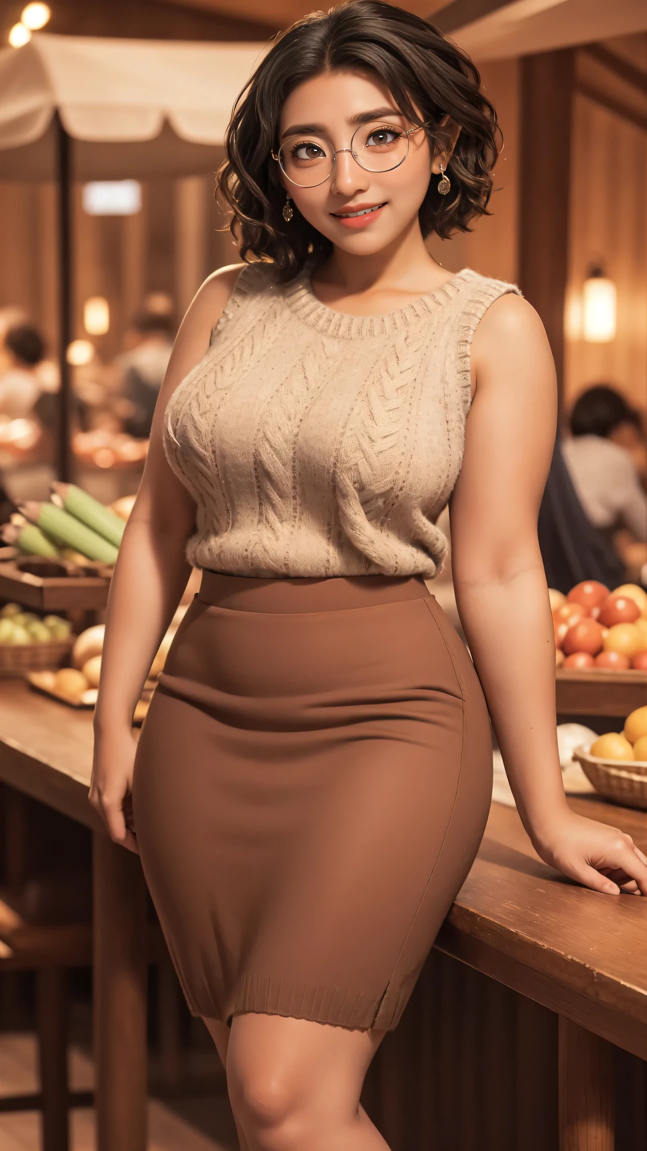 mirabel madrigal,  glasses, smile, ((sleeveless sweater)), market background, (((pencil skirt))), (((brown skin))), detailed skin, perfect legs, perfect thighs, (((curvy body)))