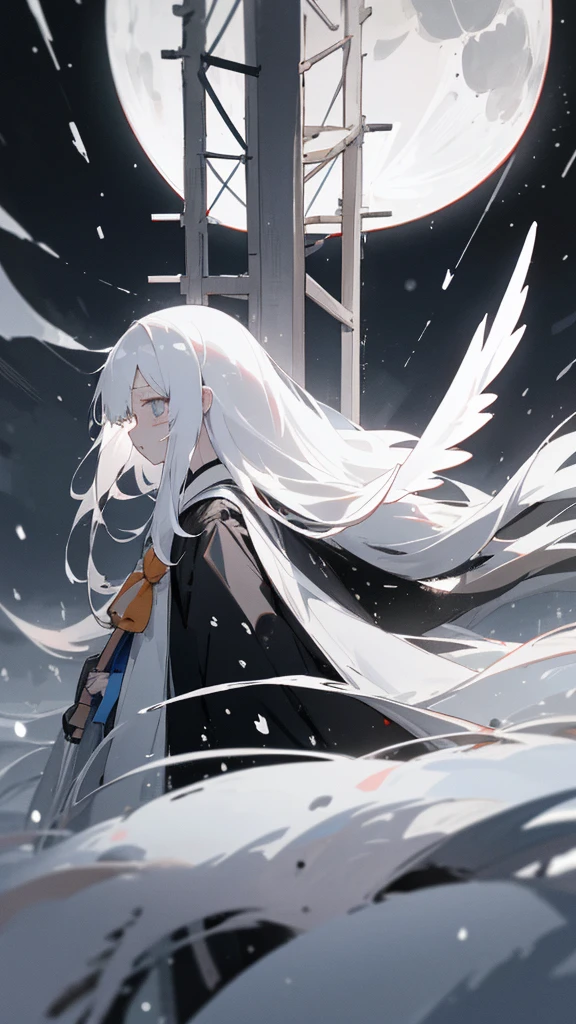 (masterpiece、highest quality)、Very long white hair、Very long white hairの女の1人、Black cardigan、Grim expression、Grey Eyes、Warm lighting、 Blurred foreground、night深く、High Contrast、night、In the city,it&#39;s snowing,Heavy snowfall,winter,Alone in the vast snowy field,whole body,curse,Facing forward,Huge construction,Flying with robot wings,Long Hair,真っ黒なnight,full moon,universe,Princess Kaguya,planet,Falling from the sky,Background center,Scenic center
