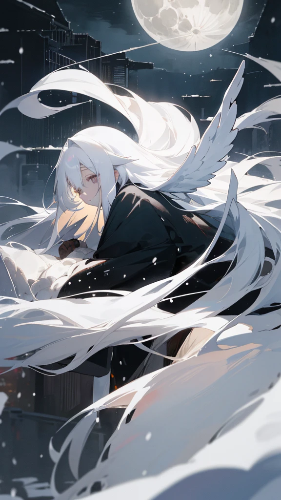 (masterpiece、highest quality)、Very long white hair、Very long white hairの女の1人、Black cardigan、Grim expression、Grey Eyes、Warm lighting、 Blurred foreground、night深く、High Contrast、night、In the city,it&#39;s snowing,Heavy snowfall,winter,Alone in the vast snowy field,whole body,curse,Facing forward,Huge construction,Flying with robot wings,Long Hair,真っ黒なnight,full moon,universe,Princess Kaguya,planet,Falling from the sky,Background center,Scenic center