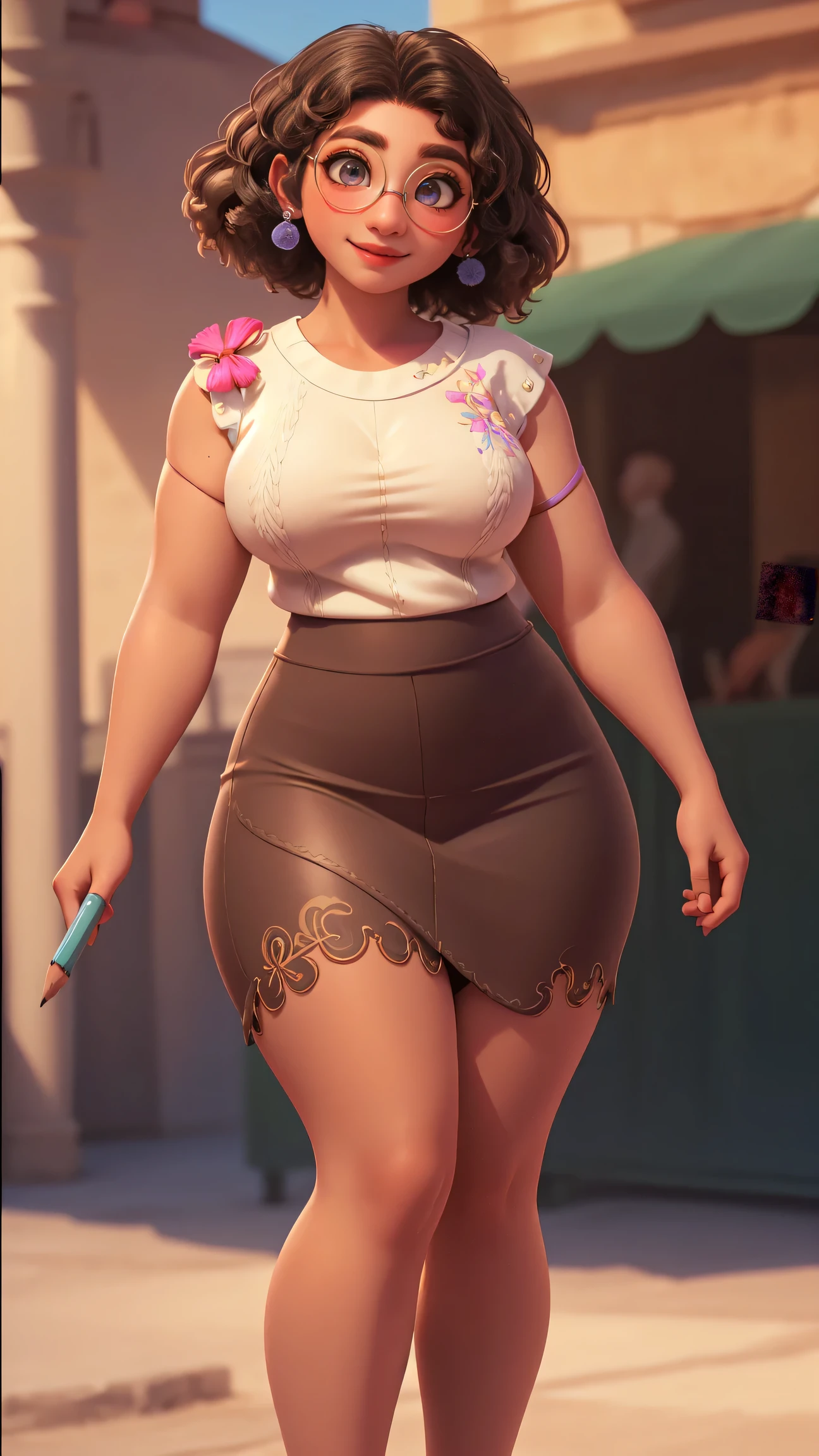 mirabel madrigal,  glasses, smile, ((sleeveless sweater)), market background, (((pencil skirt))), (((brown skin))), detailed skin, perfect legs, perfect thighs, (((curvy body)))