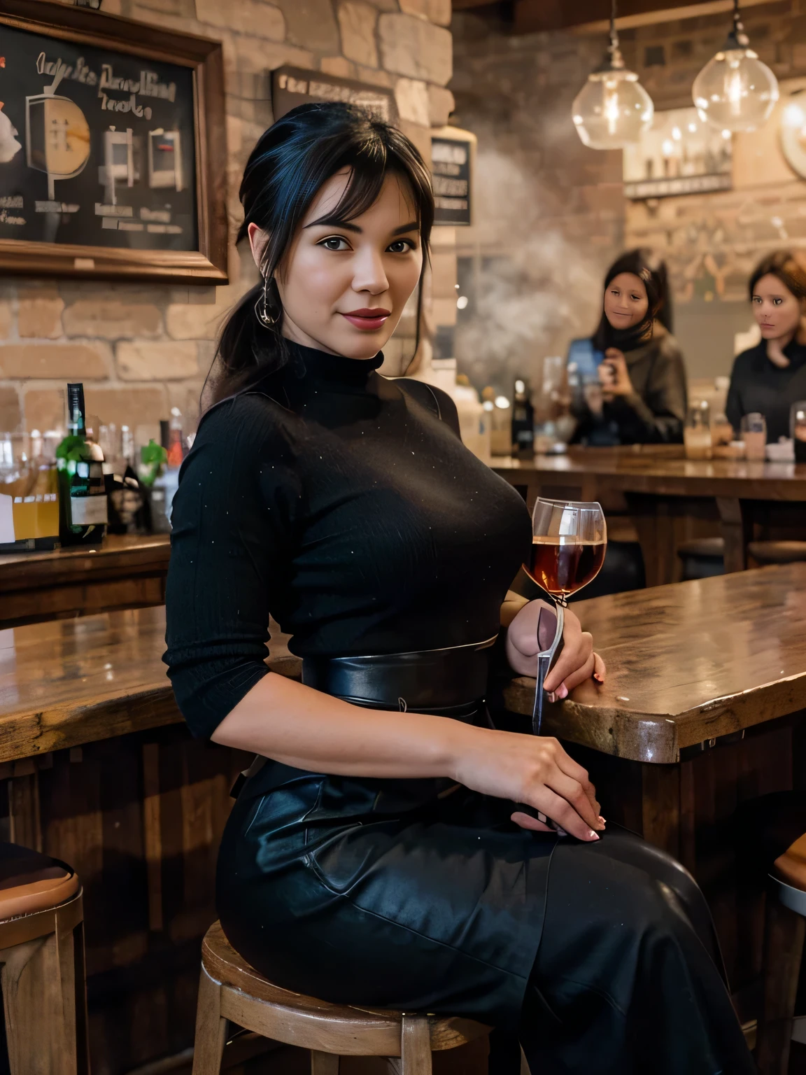 proFessional portrait photograph oF a gorgeous Smiling Bettie page  girl in winter clothing with ponytail Black hair, black long maxi-skirt(black long maxi-skirt:1.2),sultry Flirty look, gorgeous symmetrical Face, joli maquillage naturel, wearing elegant warm winter Fashion clothing, black leather gloves, ((sitting on a stool inside an english pub drinking glass of red wine,)), bag on her shoulders,superbe environnement urbain moderne, ultra realistic, art conceptuel, elegant, Very detailed, complexe, sharp Focus, depth oF Field, F/1. 8, 85mm, Coup moyen, midplane, (((proFessionally color graded))), bright soFt diFFused light, (volumetric Fog), tendance sur Instagram, hdr 4k, 8K