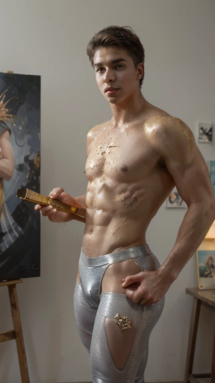 Oil painting, Dragon and A handsome Fifteenth century page   boy, 17 yeletic build, ideal body, aesthetically beautiful, erotically tempting, seducing, offering himself With a beautiful sexy Tights  With round perfect buttocks, muscular, sweaty after a workout, In Silver  and gold colors, diamond chips all over the body 