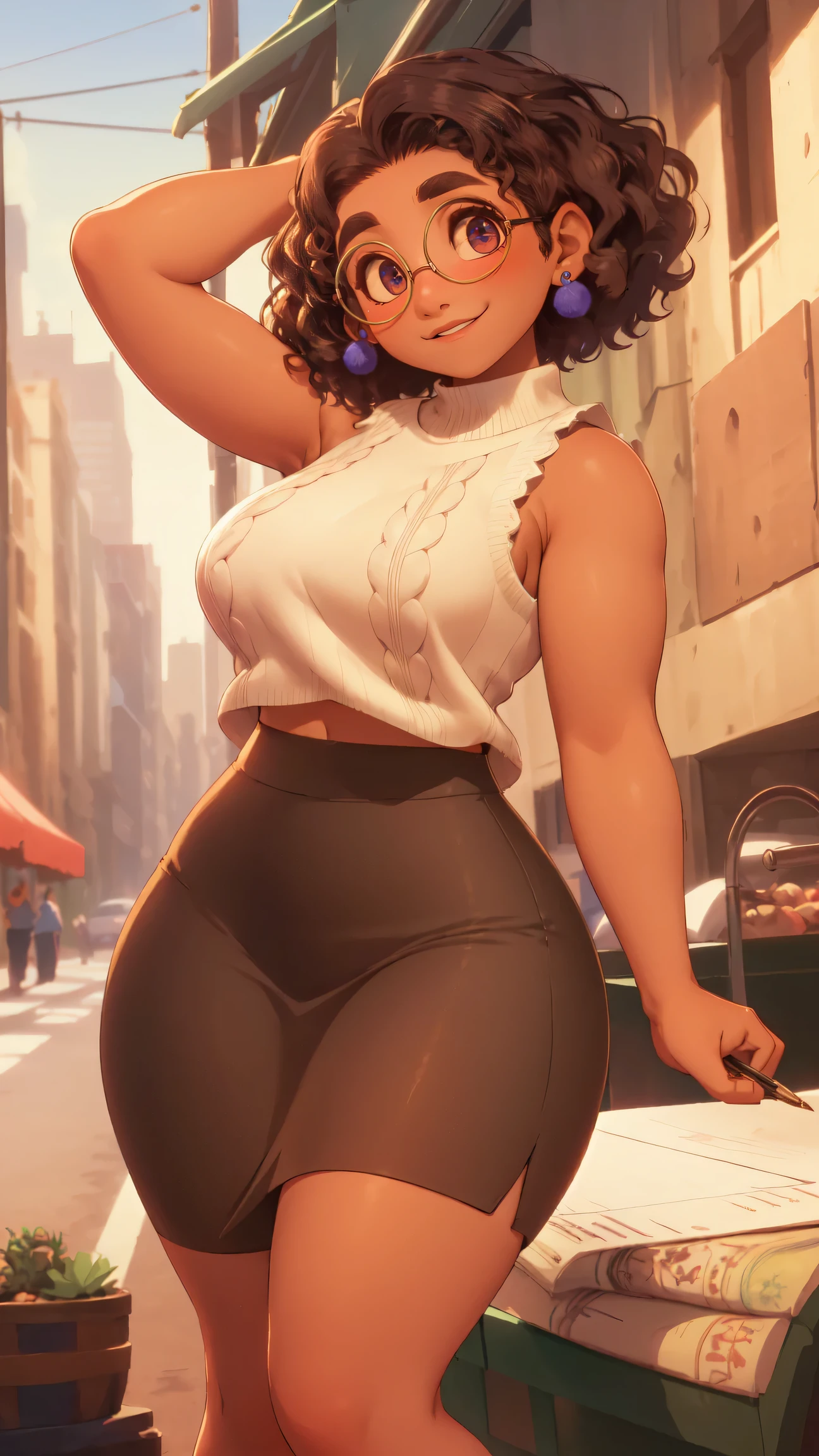 mirabel madrigal,  glasses, smile, ((sleeveless sweater)), market background, (((pencil skirt))), (((brown skin))), detailed skin, perfect legs, perfect thighs, (((curvy body)))