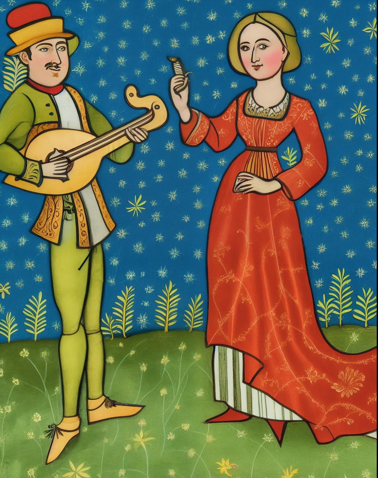 a close up of a painting of a man and a woman playing a musical instrument, holding a lute, of a 15th century, medieval illustration, medieval manuscript illustration, sqare-jawed in medieval clothing, dressed in a [ [ 1 2 th century, medival, lute, medieval book illustration, a human bard