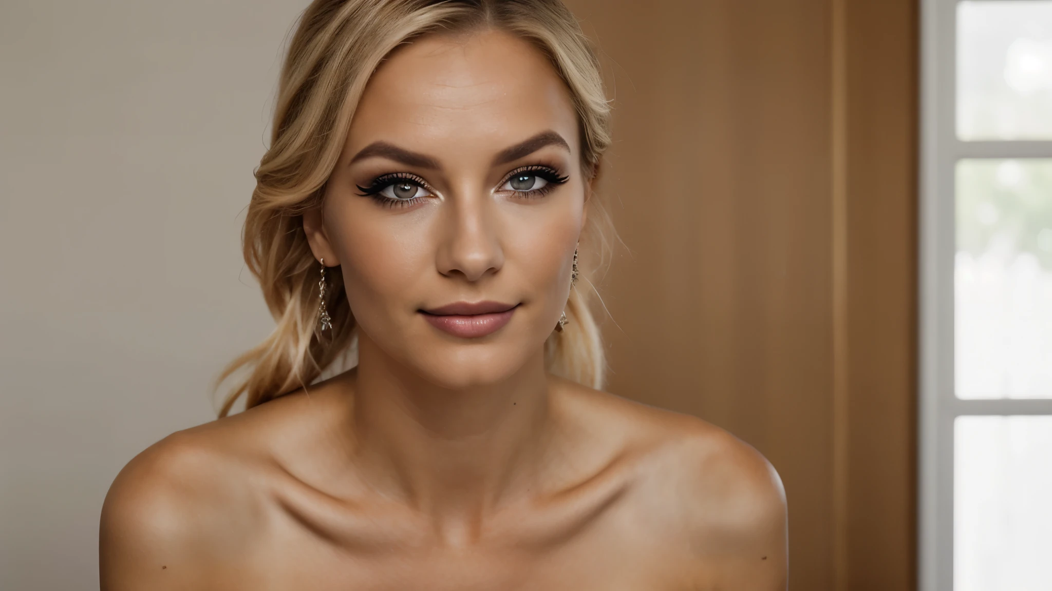 the most beautiful woman in the world, (8k, RAW photo, highest quality),(epic realistic:1.5), dynamic posture,erotic face,shirt,(detailed eyes:0.8),(looking at the camera:1.4), (highest quality), (best shadow),intricate details,cinematic,((skin:1.4)),interior, (long ponytail blonde hair:1.3),dark studio,(hdr:1.5),detailed, muted colors,), Suntanned skin, Haaransatz, blonde bob hair with many blonde strands, gebleichtes blondes bob hair, Schulter-Bob, , blonde bob hair with many blonde strands, spitze Nase, gebleichtes blondes bob hair, Schulter-Bob, Stupsnase, 25 Jahre alt, geliftetes Gesicht, Nose for Plastic Surgery, Vampir-Lifting, Poren an den Wangen, breites nasenbein, Augenfalten, kleine Lachfalten, Hautporen, Spitze Wangenknochen, Hohes Jochbein, Mandelaugen, Thin almond eyes, Smokey Eyes Make-up, Vamp Make-up, Stupsnase, tan skin, Chirurgische Lippen, detaillierte Gesichtsdetails (Sommersprossen, Falten, Hautporen) Full body image of (frau, stehen, mit, arms crossed,tiny smile), (Detailliertes realistisches Gesicht), (((Hyperdetailliert))), symmetrisches Gesicht, Detailed Pupil, ausdrucksstarke Schminke, Echte Fotografie, Moderner Look, Echte Fotografie (Realisitc:1.5); She is wearing a different sexy colorful dresses, strong dark eye make up vamp mascara, long black dark eye lashes, sitting in living room, showing hips, confident pose, dominant woman , black eye shadow, spectacular show make up, picture grain, pixel grain, high contrast, posing hips, sexy hips, fully body shot