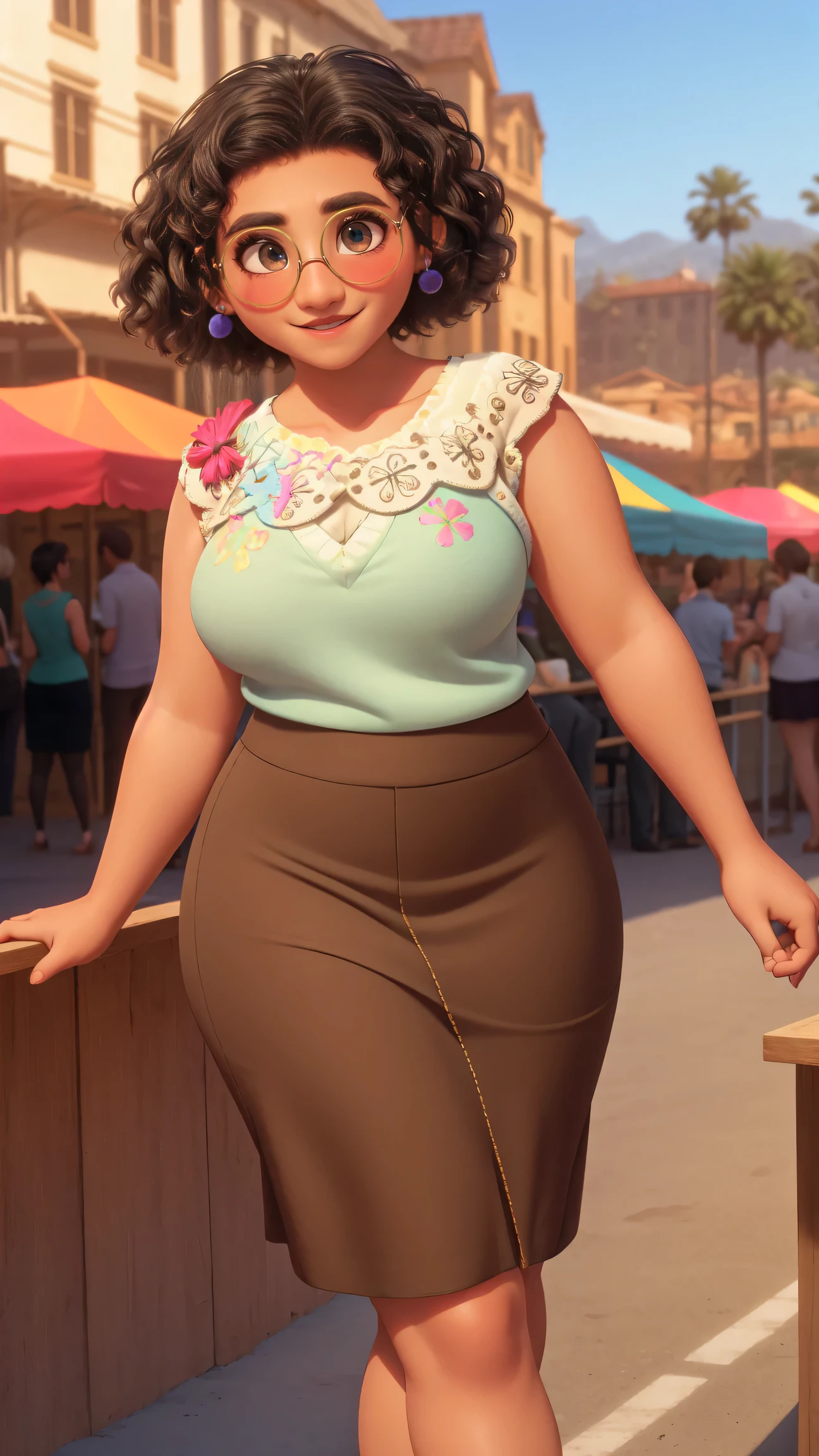 mirabel madrigal,  glasses, smile, ((sleeveless sweater)), market background, (((pencil skirt))), (((brown skin))), detailed skin, perfect legs, perfect thighs, (((curvy body)))