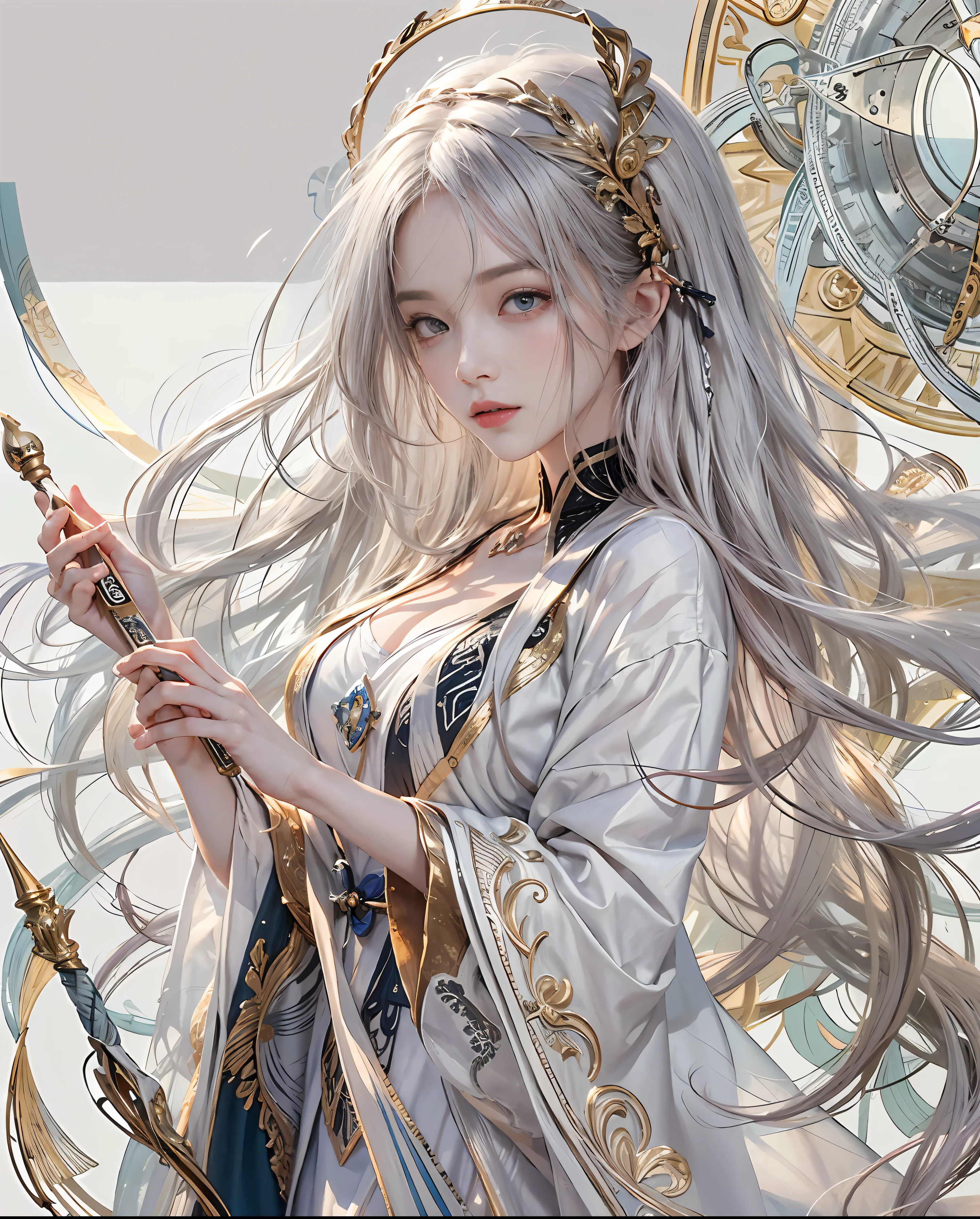 Official art、The wizard of time、Use Time Magic to travel through time and space、A girl with the power of a magic wand、The background reminds us of the passage of time、Beautiful woman wearing white and black robes with open chest、PerfectNwsjMajic,(Masterpiece、Top quality、Top quality、Official art、Beautiful aesthetic:1.2)、(1 girl in)、Very detailed、com.colorfull、Top details、Official art、Unity wallpaper 8k、Very detailed、Beautiful aesthetic、Beautiful face with detailasterpiece、Top quality、(zentangle、mandala、الtangle、tangle)、holy light、pure、There are also flexible messages, Overcoming and hoping. The breasts are small and size B、Skinny、The chest is open、Double eyes(Detailed eye), Beautifully detailed、Hair that flutters in the wind、Gradient maroon hair color、The hair is a silvery gradation color、High heels、Golden anklet、Great background demand、Beautiful girl walking on a large disc、