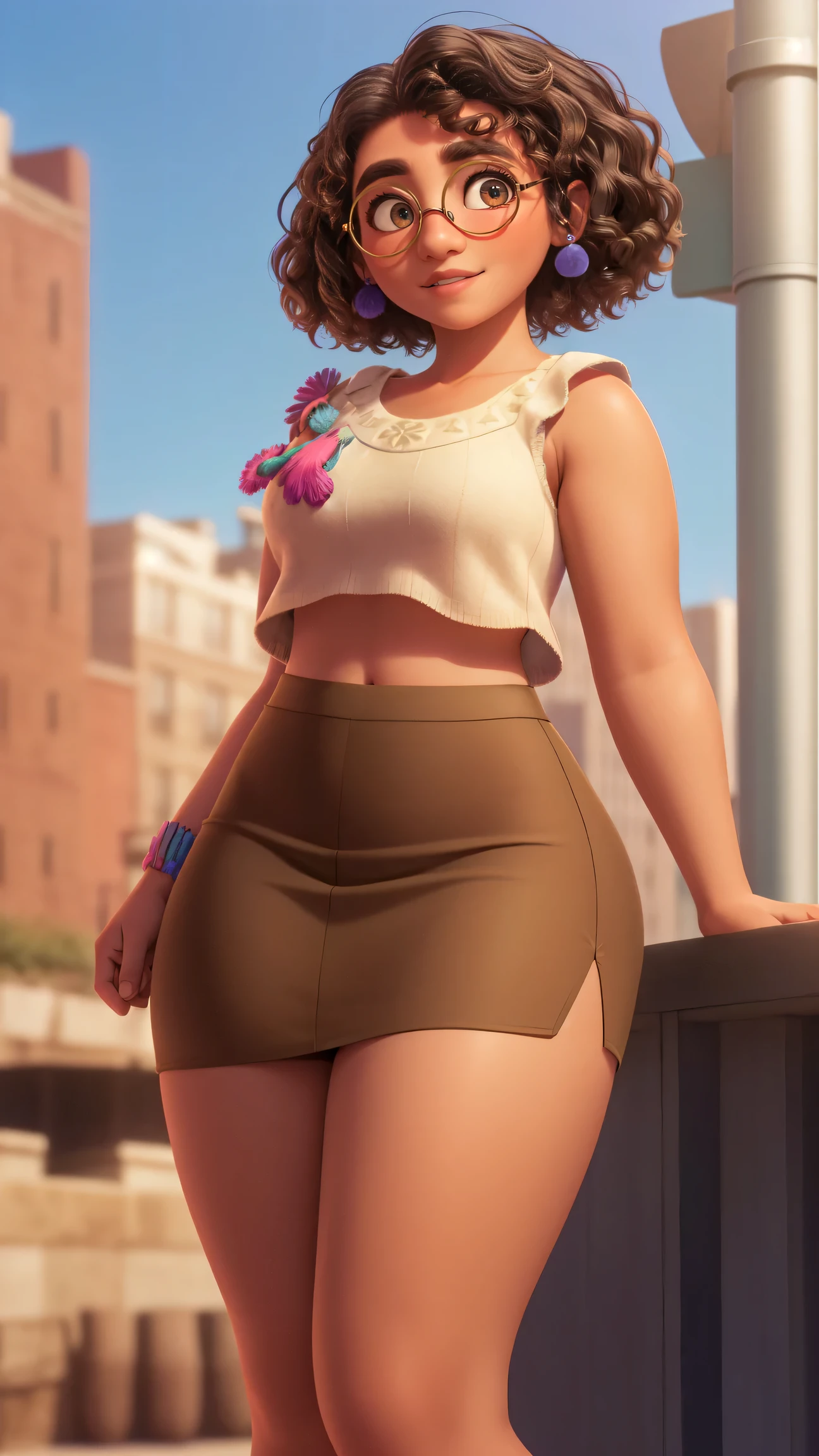 mirabel madrigal,  glasses, smile, ((sleeveless sweater)), market background, (((pencil skirt))), (((brown skin))), detailed skin, perfect legs, perfect thighs, (((curvy body)))