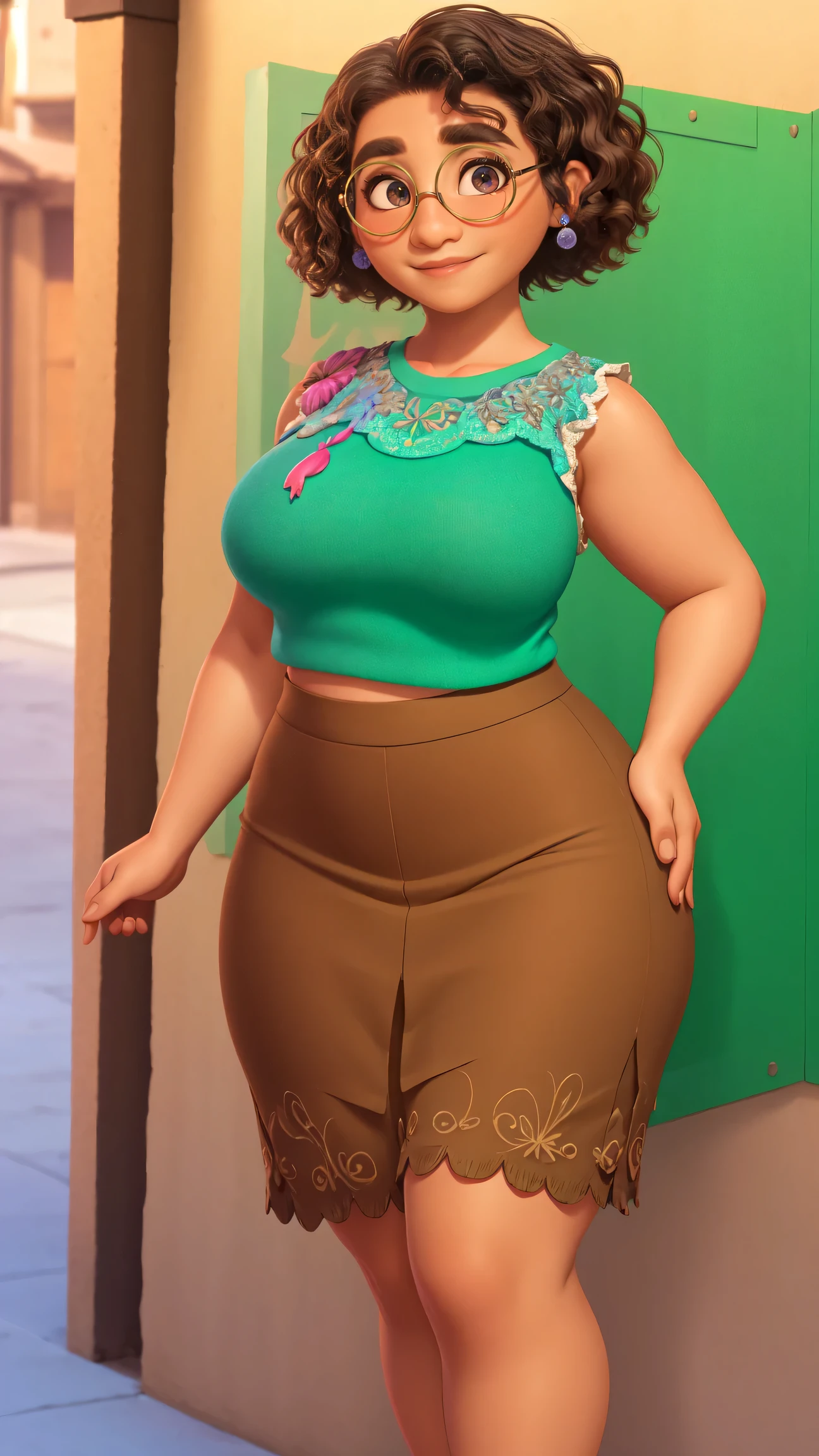 mirabel madrigal,  glasses, smile, ((sleeveless sweater)), market background, (((pencil skirt))), (((brown skin))), detailed skin, perfect legs, perfect thighs, (((curvy body)))