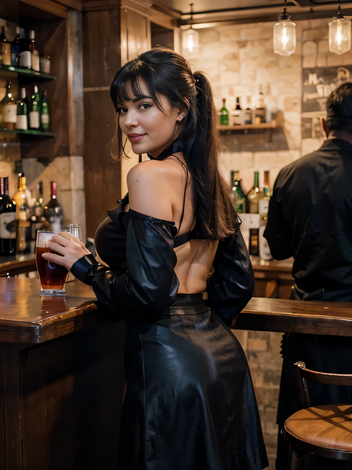 proFessional portrait photograph oF a gorgeous Smiling Bettie page  girl in winter clothing with ponytail Black hair, black long maxi-skirt(black long maxi-skirt:1.2),sultry Flirty look, gorgeous symmetrical Face, joli maquillage naturel, wearing elegant warm winter Fashion clothing, black leather gloves, ((standing at the bar , grabbed from behind by a black man, inside an english pub drinking glass of red wine,)), bag on her shoulders,superbe environnement urbain moderne, ultra realistic, art conceptuel, elegant, Very detailed, complexe, sharp Focus, depth oF Field, F/1. 8, 85mm, Coup moyen, midplane, (((proFessionally color graded))), bright soFt diFFused light, (volumetric Fog), tendance sur Instagram, hdr 4k, 8K