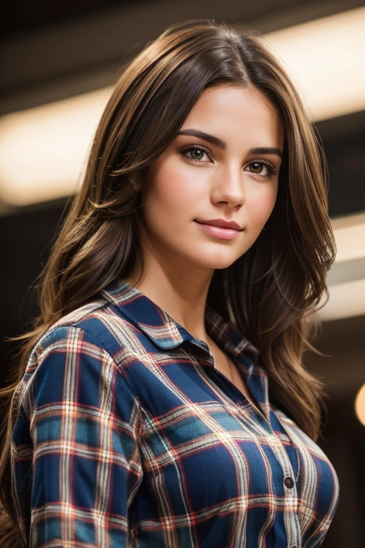 Beautiful brunette with brunette highlights wearing a Plaid blouse (in a fashion show ), highly detailed, 22 years old, , , innocent face, natural wavy hair, hazel eyes, high resolution, Masterpiece, Best quality, Intricate high detail, Highly detailed, Sharp focus, Detailed skin, realistic skin texture, texture, detailed eyes, professional, 4k, charming smile, shot on Canon, 85mm, shallow depth of field, Kodak Vision Color, Perfect Fit Body , extremely detailed, photography_\(ultra\), Photorealistic, Realistic, Post-processing, maximum details, roughness, real life, ultra realistic, Photorealism, photography, 8k UHD, photography, bust