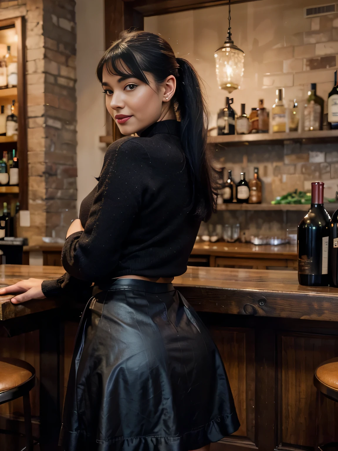 proFessional portrait photograph oF a gorgeous Smiling Bettie page girl in winter clothing with ponytail Black hair, black long maxi-skirt(black long maxi-skirt:1.2),sultry Flirty look, gorgeous symmetrical Face, joli maquillage naturel, wearing elegant warm winter Fashion clothing, black leather gloves, ((standing at the bar , grabbed from behind by a black man, inside an english pub drinking glass of red wine,)), bag on her shoulders,superbe environnement urbain moderne, ultra realistic, art conceptuel, elegant, Very detailed, complexe, sharp Focus, depth oF Field, F/1. 8, 85mm, Coup moyen, midplane, (((proFessionally color graded))), bright soFt diFFused light, (volumetric Fog), tendance sur Instagram, hdr 4k, 8K