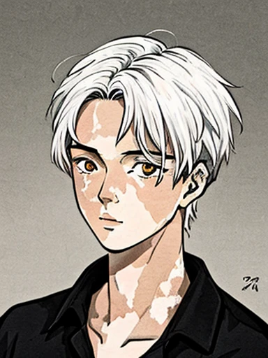 Human Male, white hair Style   , (( best quality)) ,((Skin Black white Vitiligo )),(( manga Style )), Black Clothing , yellow pupils 