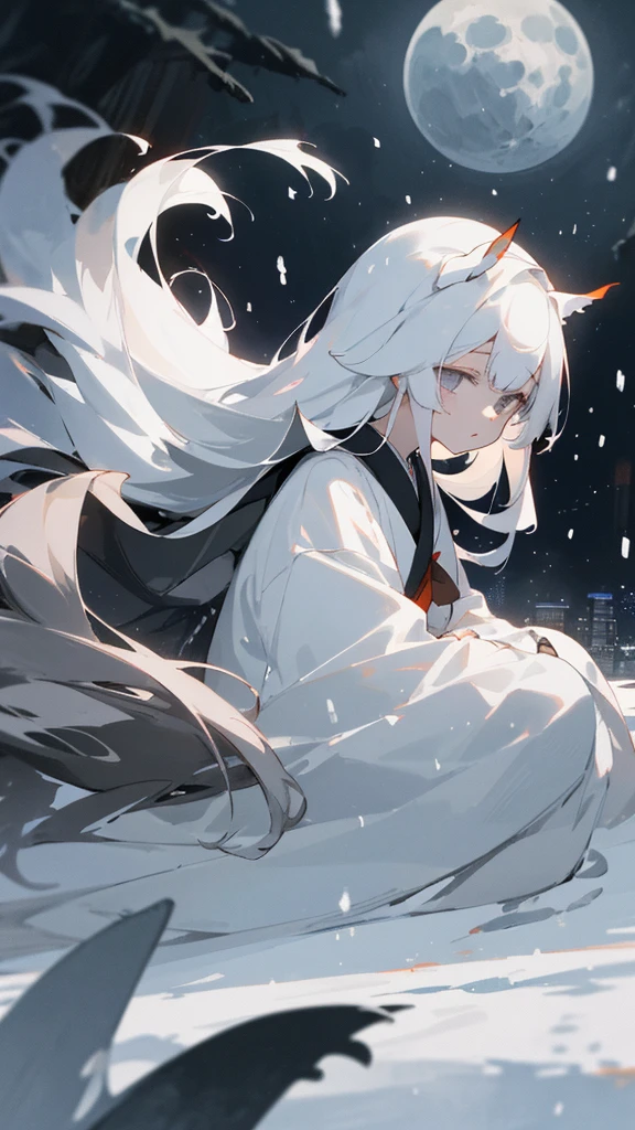 (masterpiece、highest quality)、Very long white hair、Very long white hairの女の1人、Black cardigan、Grim expression、Grey Eyes、Warm lighting、 Blurred foreground、night深く、High Contrast、night、In the city,it&#39;s snowing,Heavy snowfall,winter,Alone in the vast snowy field,whole body,curse,Facing forward,Huge construction,Flying with robot wings,Long Hair,真っ黒なnight,full moon,universe,Princess Kaguya,planet,Falling from the sky,Background center,Scenic center,Person half the size of the image