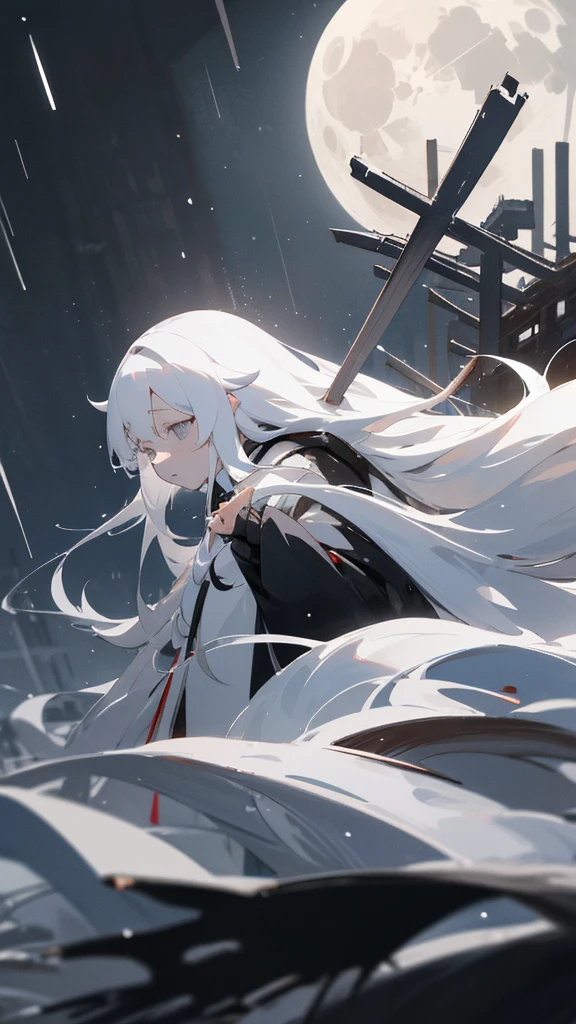 (masterpiece、highest quality)、Very long white hair、Very long white hairの女の1人、Black cardigan、Grim expression、Grey Eyes、Warm lighting、 Blurred foreground、night深く、High Contrast、night、In the city,it&#39;s snowing,Heavy snowfall,winter,Alone in the vast snowy field,whole body,curse,Facing forward,Huge construction,Flying with robot wings,Long Hair,真っ黒なnight,full moon,universe,Princess Kaguya,planet,Falling from the sky,Background center,Scenic center,Person half the size of the image