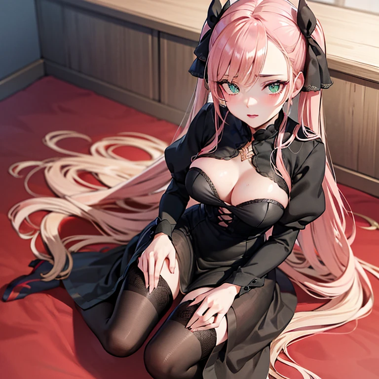 detailing, incredible detail, Detailing clothes, Lip detailing, detailing of panties, 1 girl, beauty, pink flowing hair, Beautiful green eyes, black dress, stockings with garters, stands on all fours,legs spread, looks at the camera, seductive look, view from above