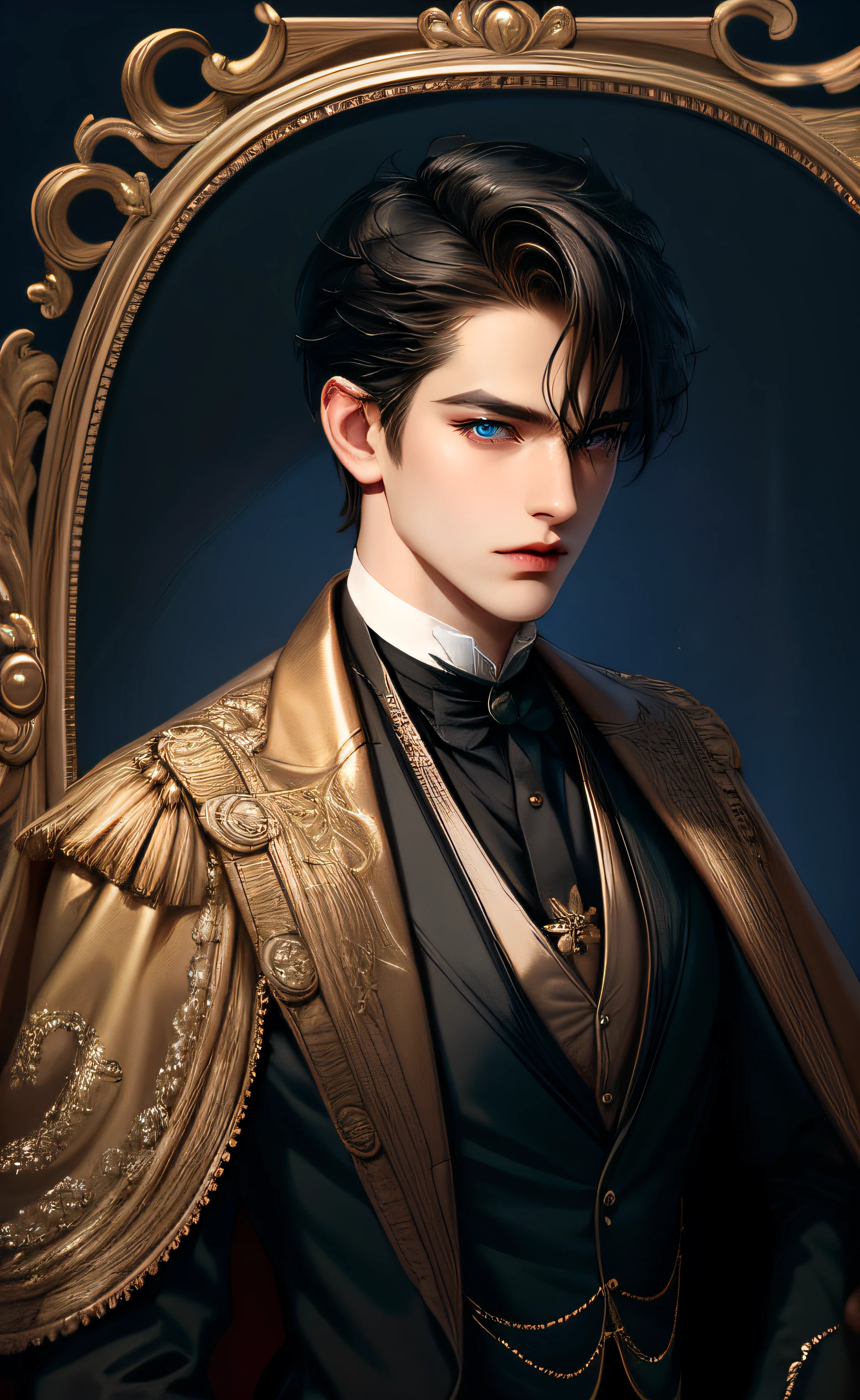 (Masterpiece,Best quality,Super_Hinge,High accuracy,Absurdities) (Hinge shadow) (Quality light),1 mature male, Case Thirty, (Broad shoulder), ((No chest hair)), Male focus, Single, Short black curly hair with soft fringe (Part bangs on the side 3:7 ratio), Blue eyes (Hinge eyes), Upper body, short hair, Looking at the viewer, Parted lips, Round glasses, imaginary, Aristocratic clothing (Black and gold suit), noble, Victorian era wallpaper (Hinge background), Night time.