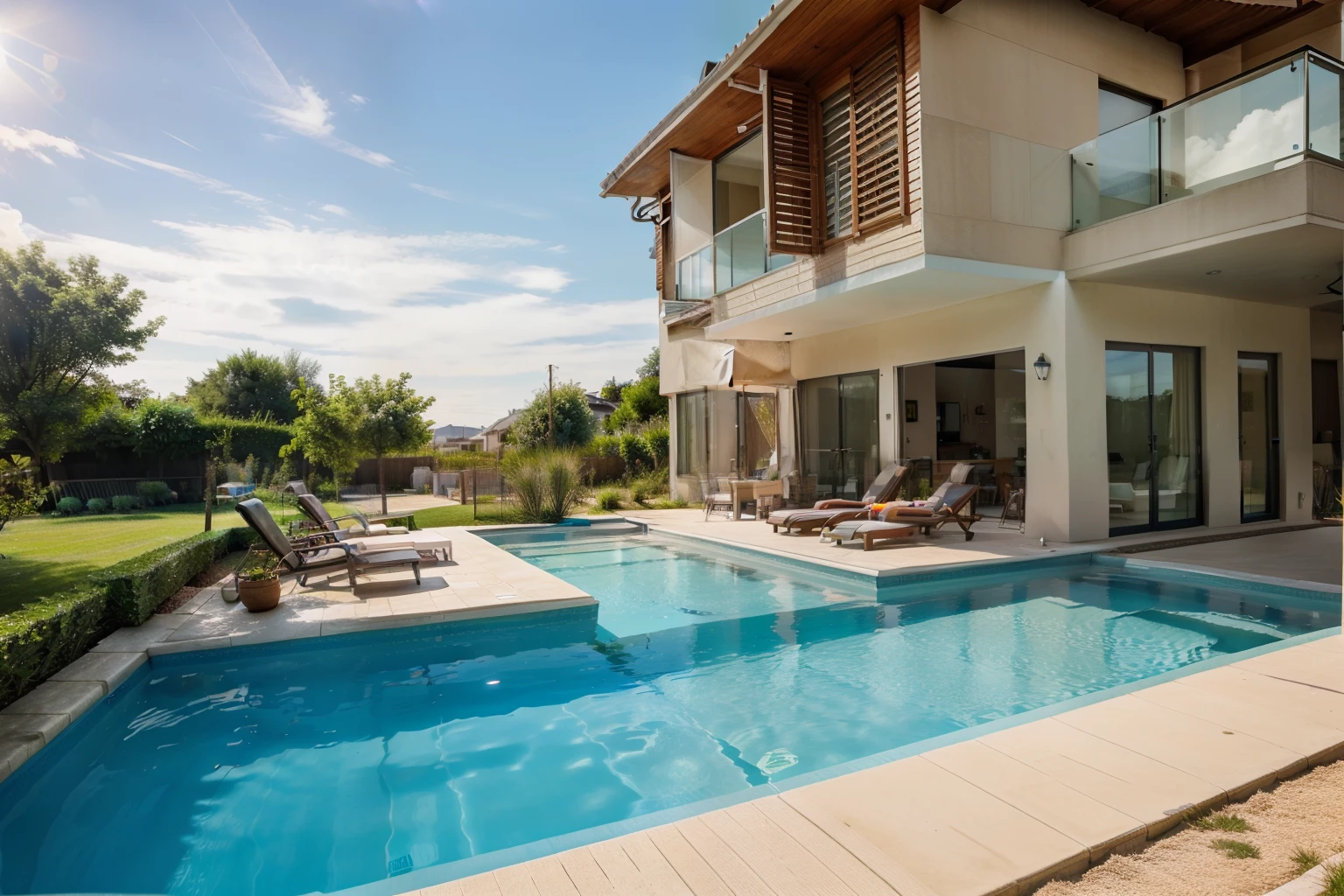 realistic photo of a house with a swimming pool on a sunny summer day, a high resolution, professional photo