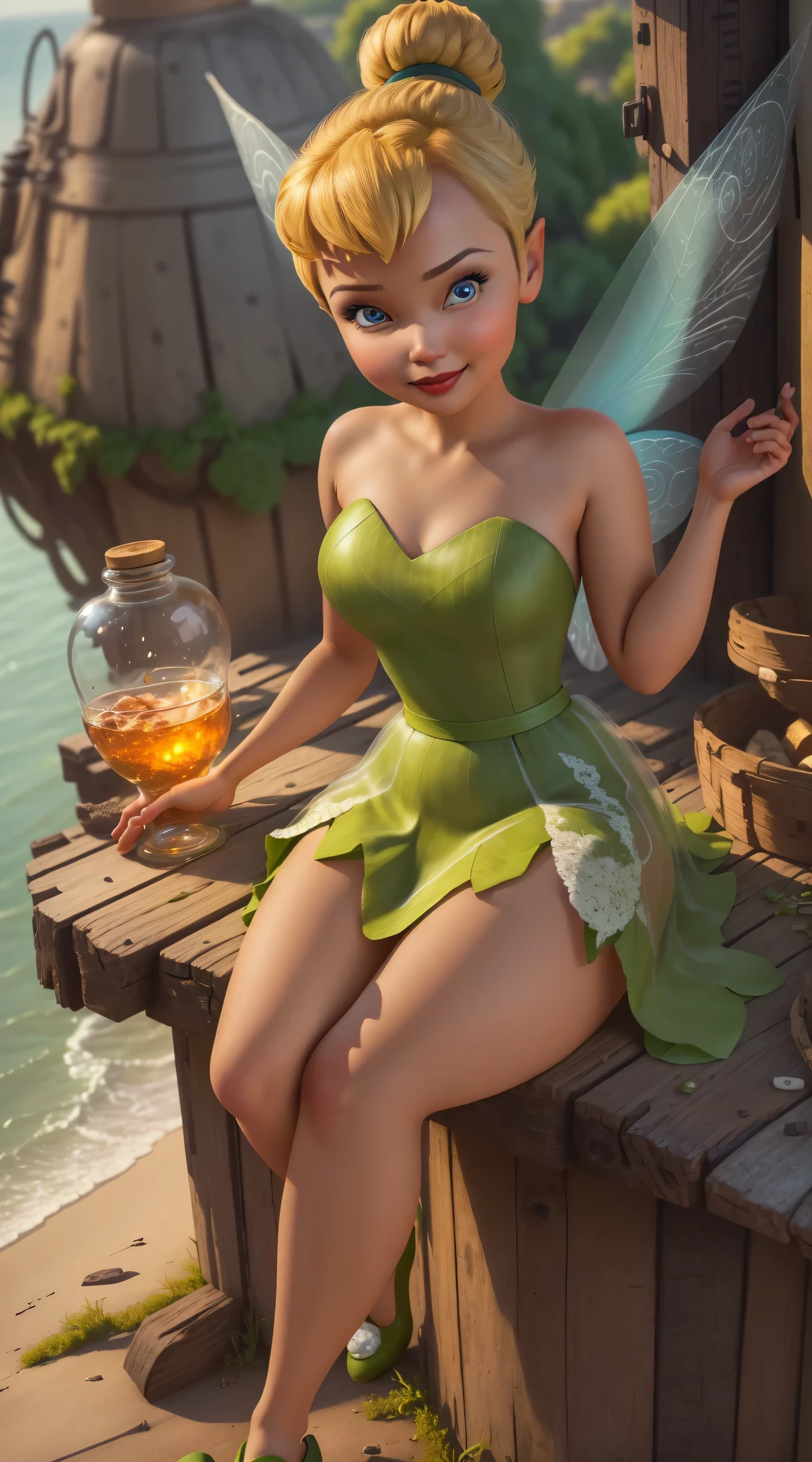 (Tinker Wife:1), smile, cute, cute pose, looking at the viewer, thick thighs, single hair bun hair, short hair, (Strapless Green Dress:1), (fairy wings), sitting, (chest focus:1.2), From above, 
(realistic:1.2), (realism), (masterpiece:1.2), (highest quality), (Super detailed), (8K, 4K, Complex),(full body shot:1),(cowboy shot:1.2), (85mm),particles of light, lit, (very detailed:1.2),(detailed face:1.2), (Gradation), software, colorful,(fine eyes:1.2),
(detailed landscape, in a glass bottle:1.2),(detailed background),detailed landscape, (dynamic angle:1.2), (dynamic pose:1.2), (third law_composition:1.3), (Action range:1.2), wide shot, dawn, alone,