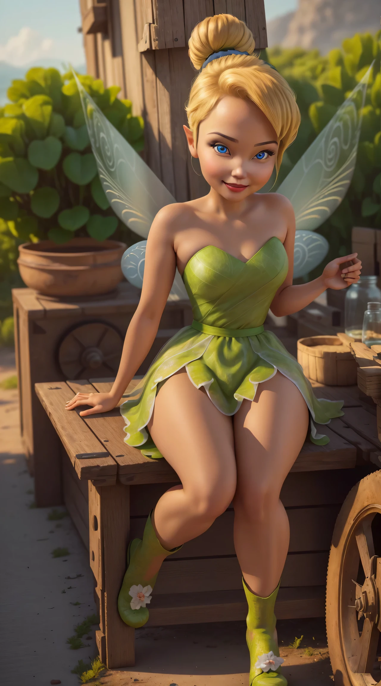 (Tinker Wife:1), smile, cute, cute pose, looking at the viewer, thick thighs, single hair bun hair, short hair, (Strapless Green Dress:1), (fairy wings), sitting, (chest focus:1.2), From above, 
(realistic:1.2), (realism), (masterpiece:1.2), (highest quality), (Super detailed), (8K, 4K, Complex),(full body shot:1),(cowboy shot:1.2), (85mm),particles of light, lit, (very detailed:1.2),(detailed face:1.2), (Gradation), software, colorful,(fine eyes:1.2),
(detailed landscape, in a glass bottle:1.2),(detailed background),detailed landscape, (dynamic angle:1.2), (dynamic pose:1.2), (third law_composition:1.3), (Action range:1.2), wide shot, dawn, alone,