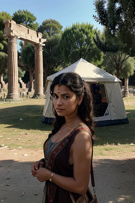Gypsies camped in the Roman imperial forums, background Rome,realistic,